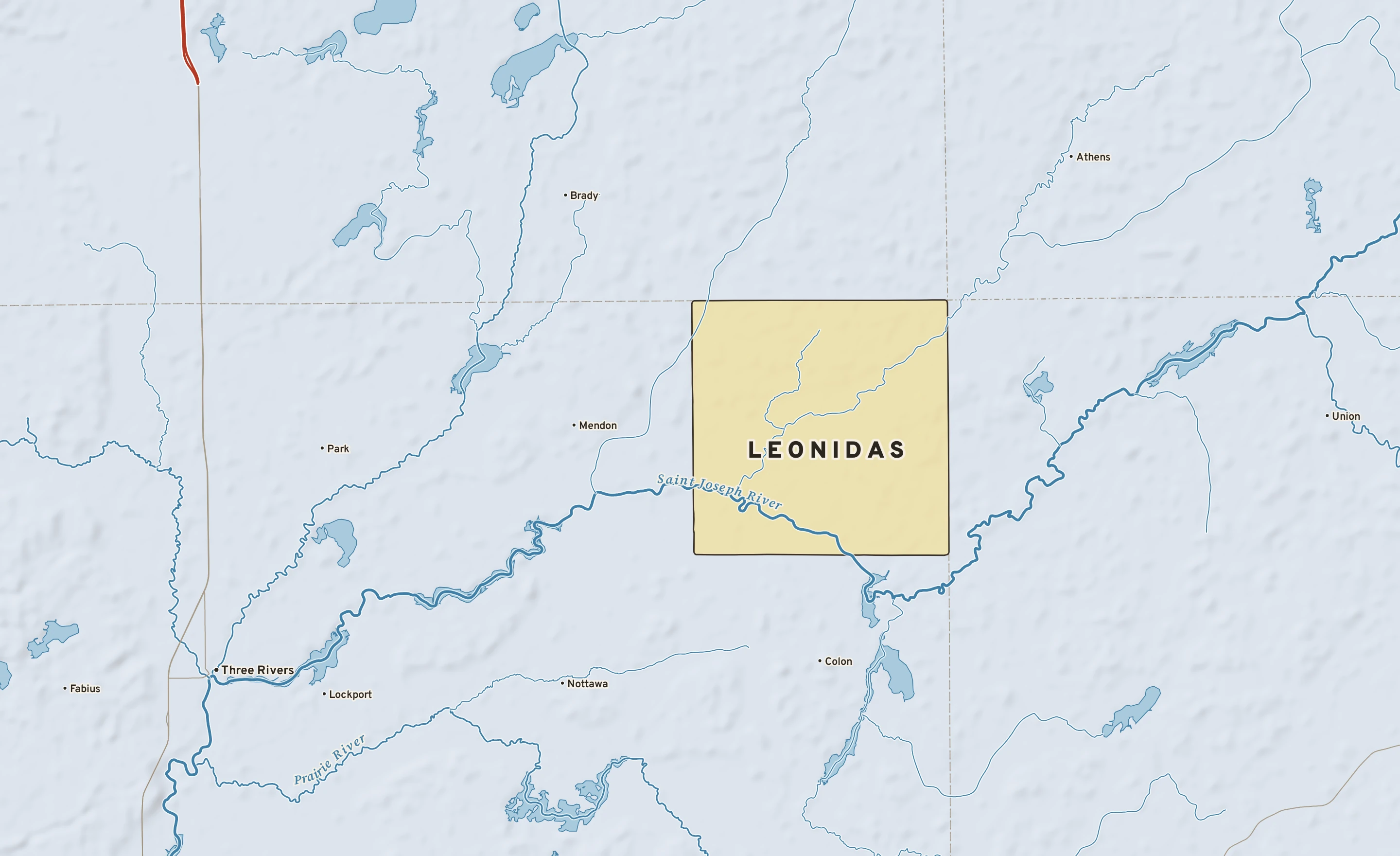 Shaded-relief atlas plate of Leonidas, Michigan: rivers, roads, the city limits and where the water drains.