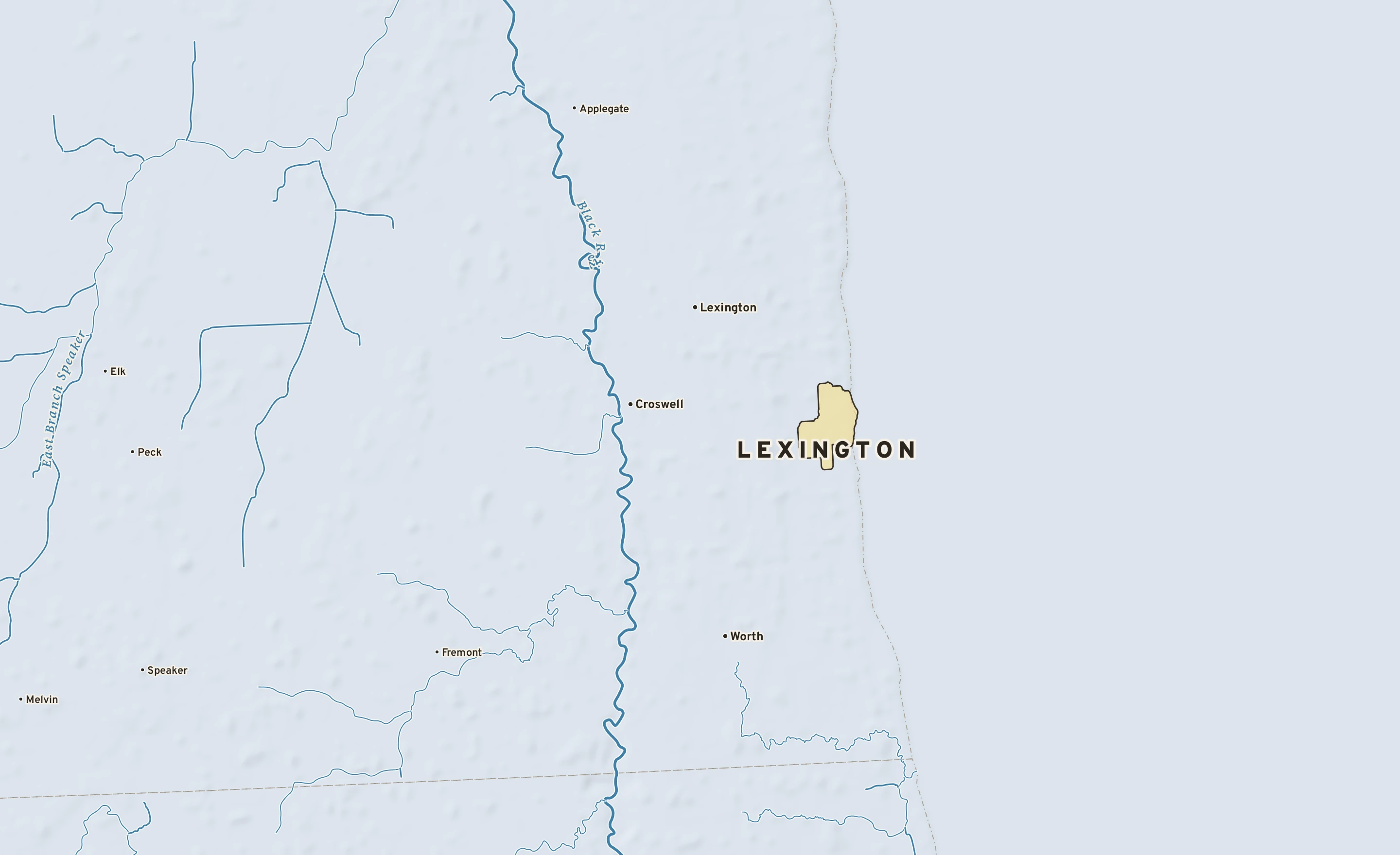 Shaded-relief atlas plate of Lexington, Michigan: rivers, roads, the city limits and where the water drains.