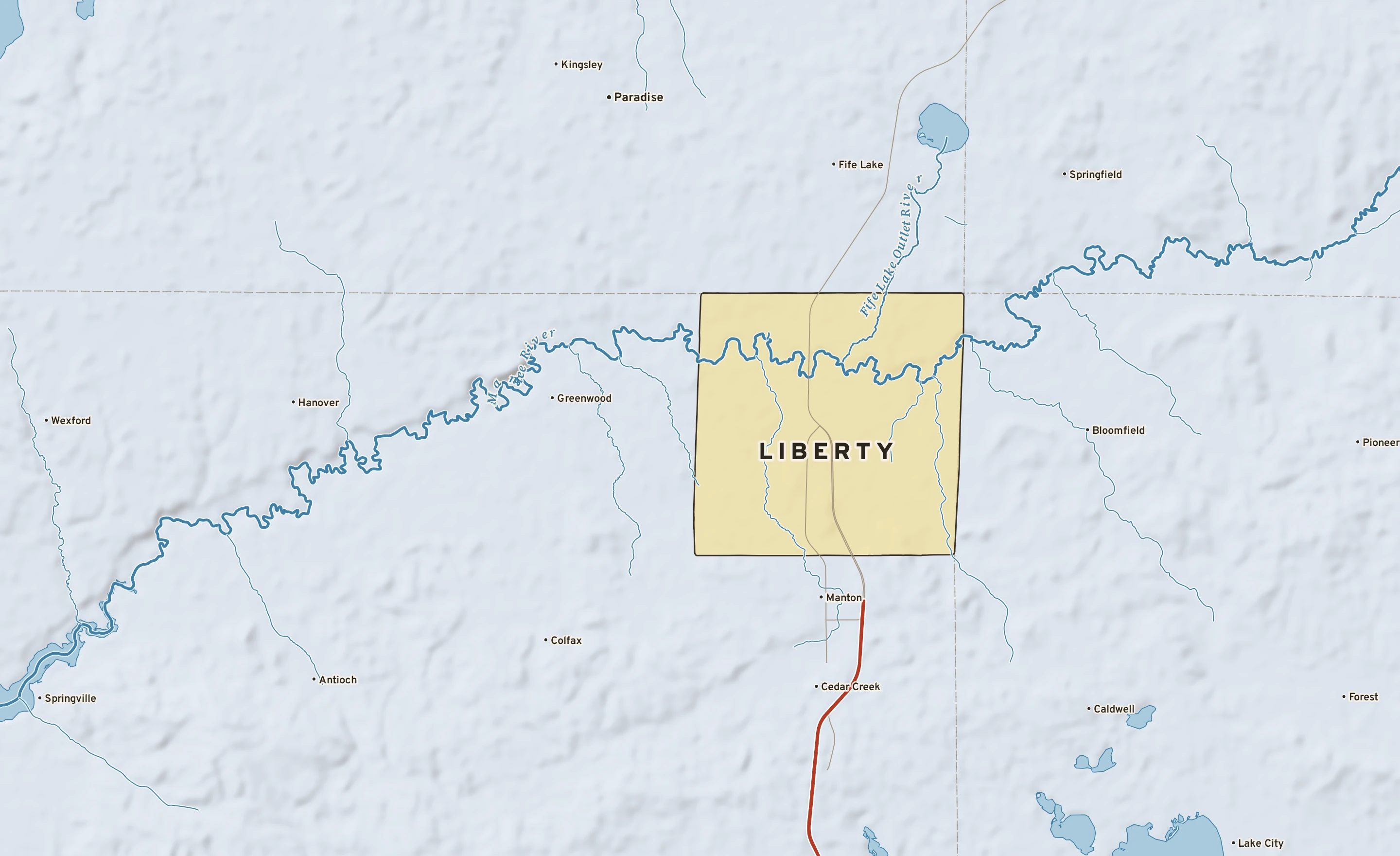 Shaded-relief atlas plate of Liberty, Michigan: rivers, roads, the city limits and where the water drains.