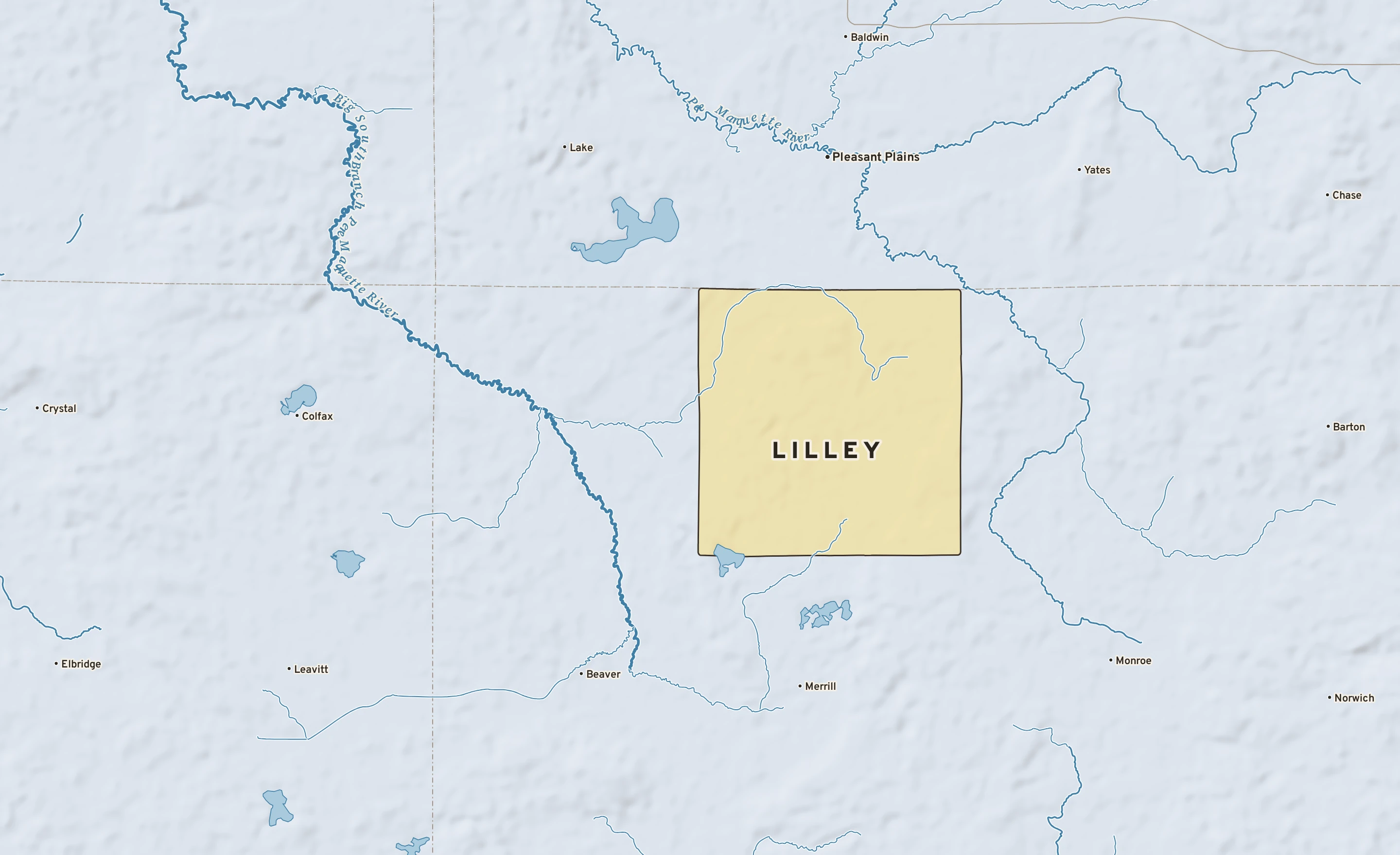 Shaded-relief atlas plate of Lilley, Michigan: rivers, roads, the city limits and where the water drains.