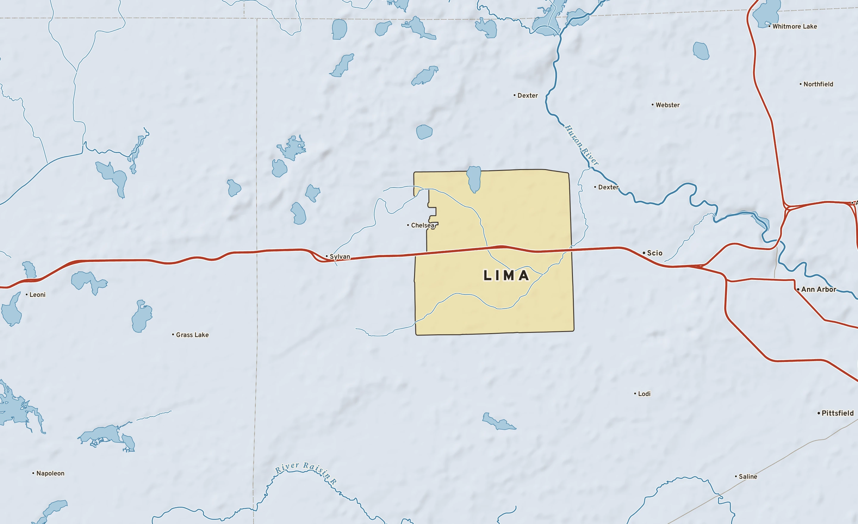 Shaded-relief atlas plate of Lima, Michigan: rivers, roads, the city limits and where the water drains.