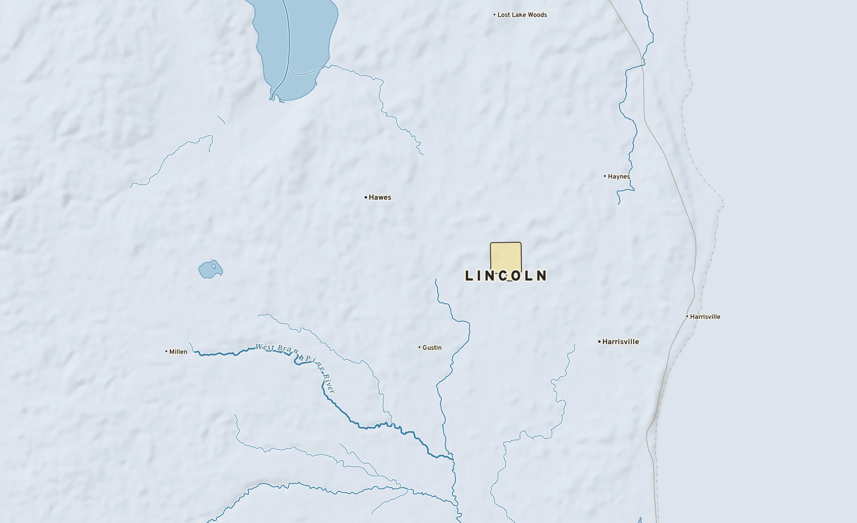 Shaded-relief atlas plate of Lincoln, Michigan: rivers, roads, the city limits and where the water drains.