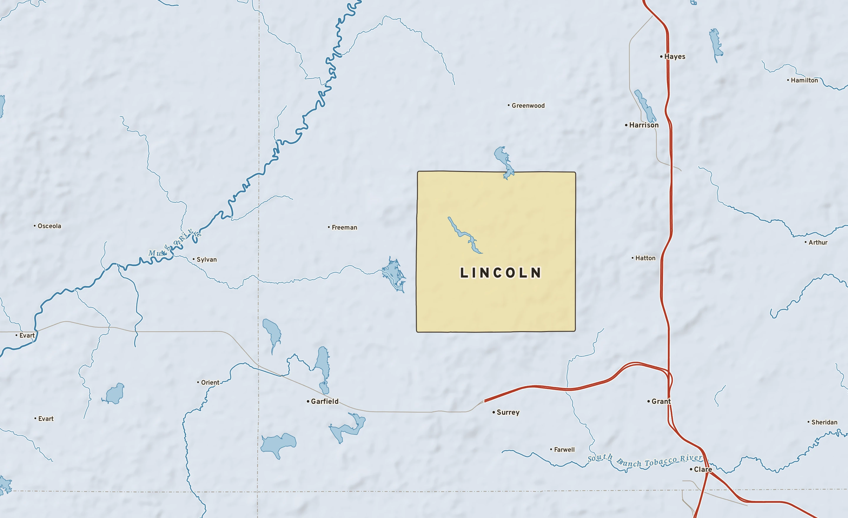 Shaded-relief atlas plate of Lincoln, Michigan: rivers, roads, the city limits and where the water drains.