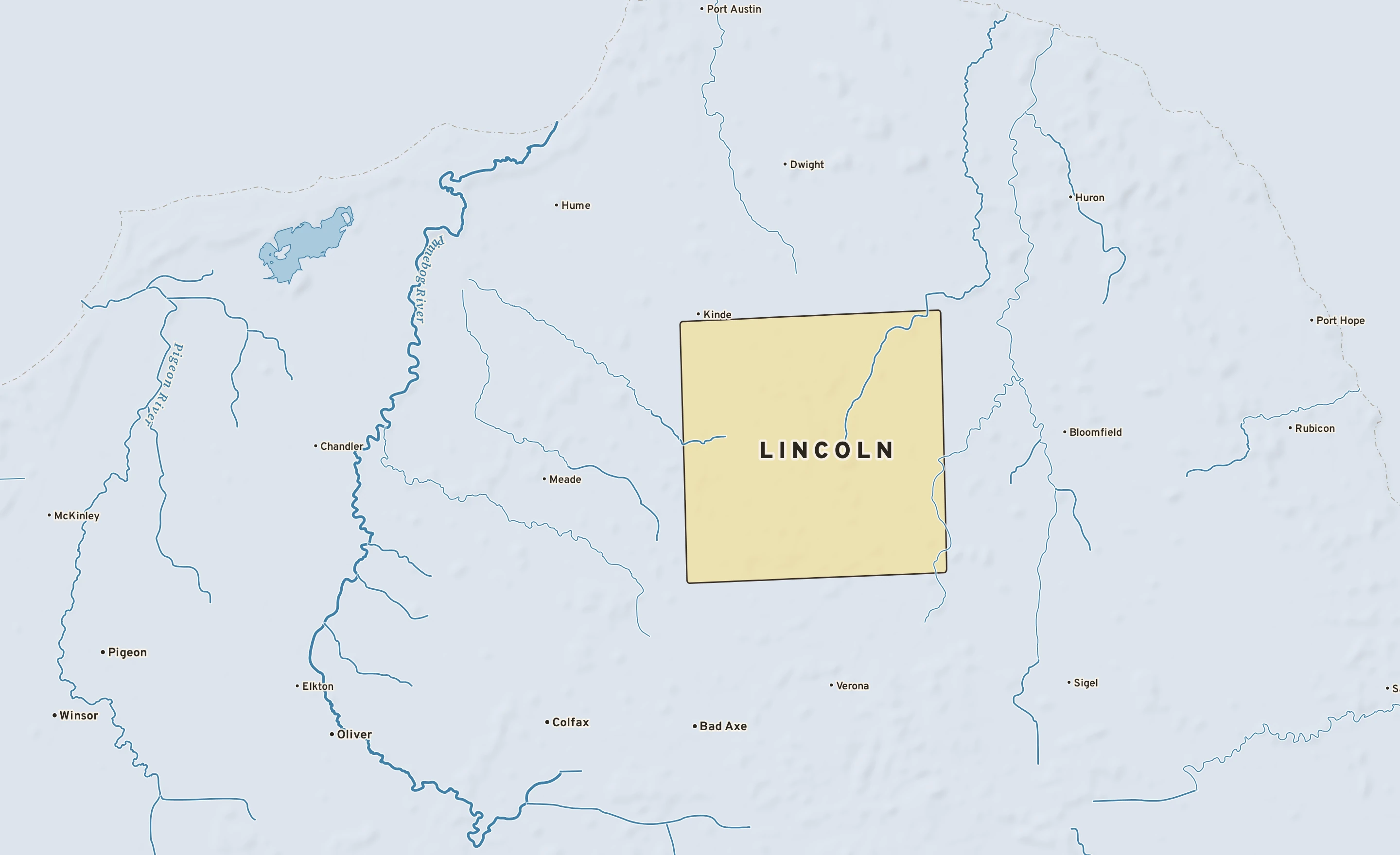 Shaded-relief atlas plate of Lincoln, Michigan: rivers, roads, the city limits and where the water drains.