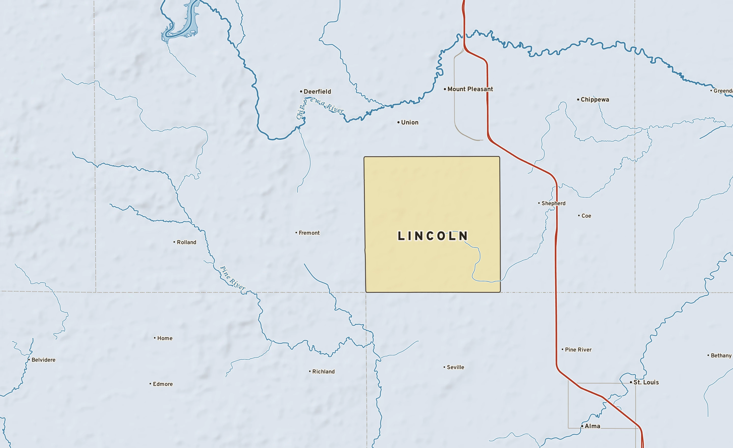 Shaded-relief atlas plate of Lincoln, Michigan: rivers, roads, the city limits and where the water drains.