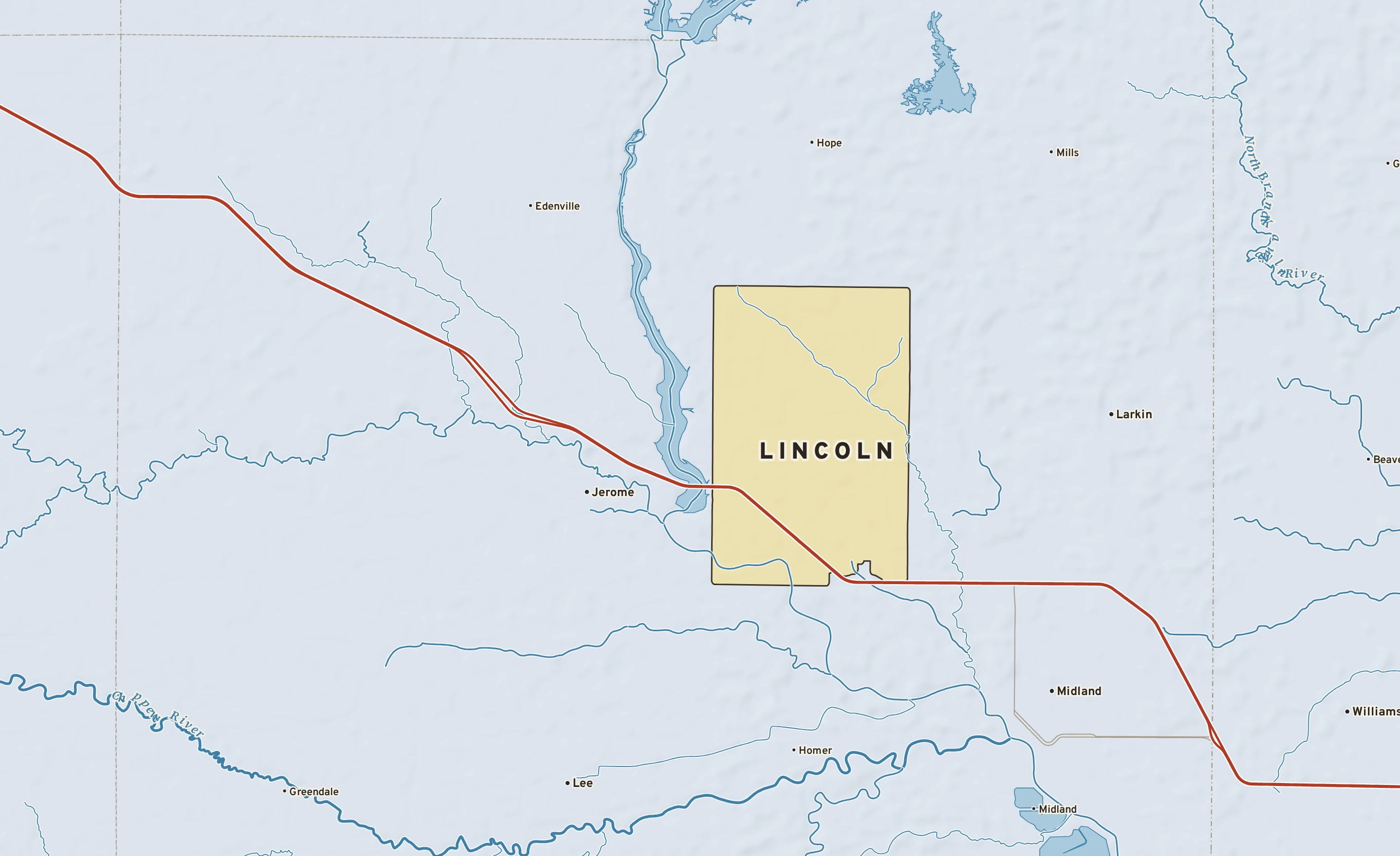 Shaded-relief atlas plate of Lincoln, Michigan: rivers, roads, the city limits and where the water drains.