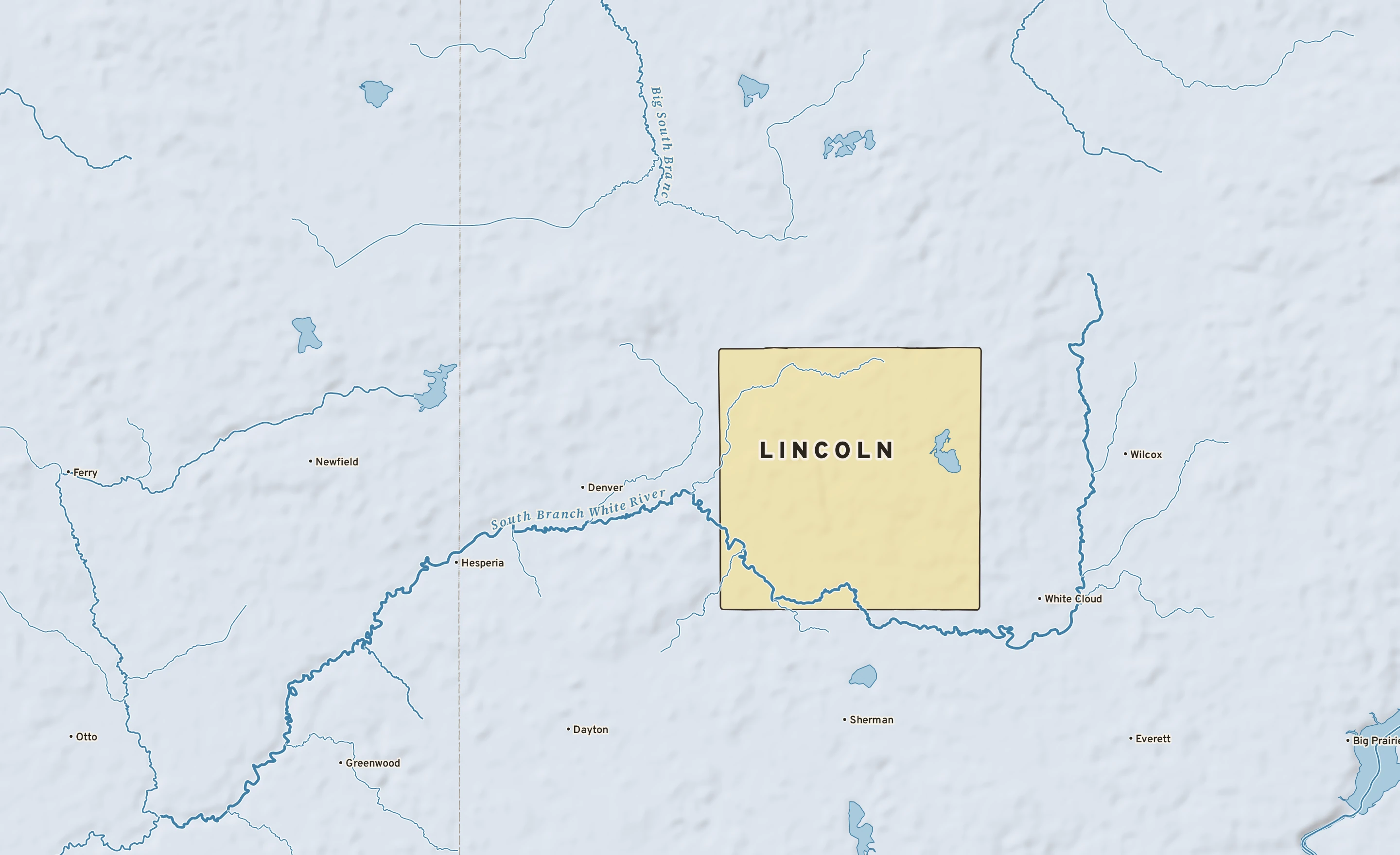 Shaded-relief atlas plate of Lincoln, Michigan: rivers, roads, the city limits and where the water drains.