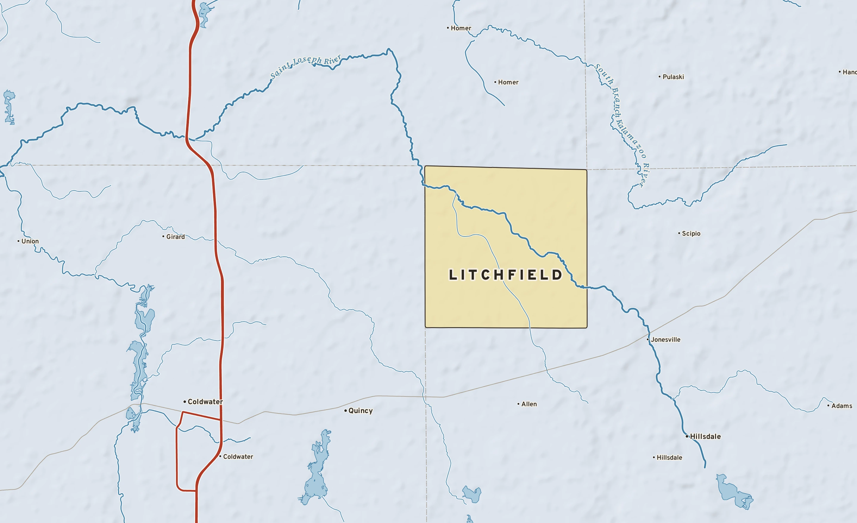 Shaded-relief atlas plate of Litchfield, Michigan: rivers, roads, the city limits and where the water drains.