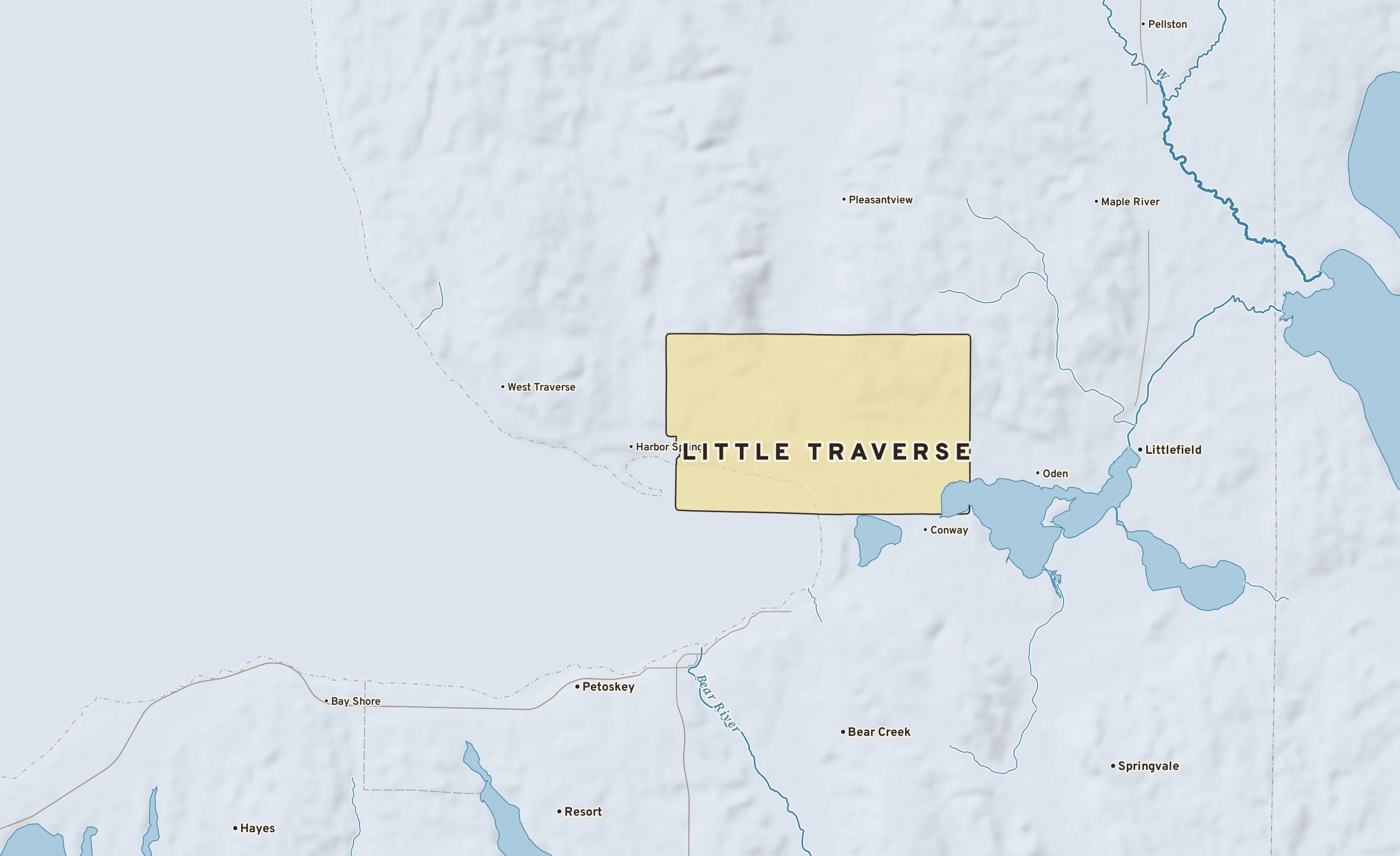 Shaded-relief atlas plate of Little Traverse, Michigan: rivers, roads, the city limits and where the water drains.