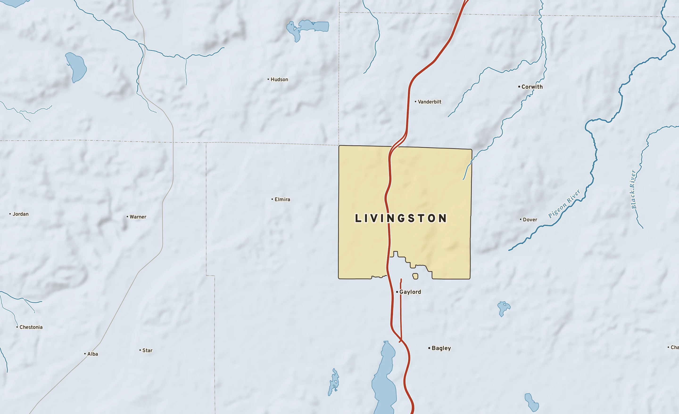 Shaded-relief atlas plate of Livingston, Michigan: rivers, roads, the city limits and where the water drains.