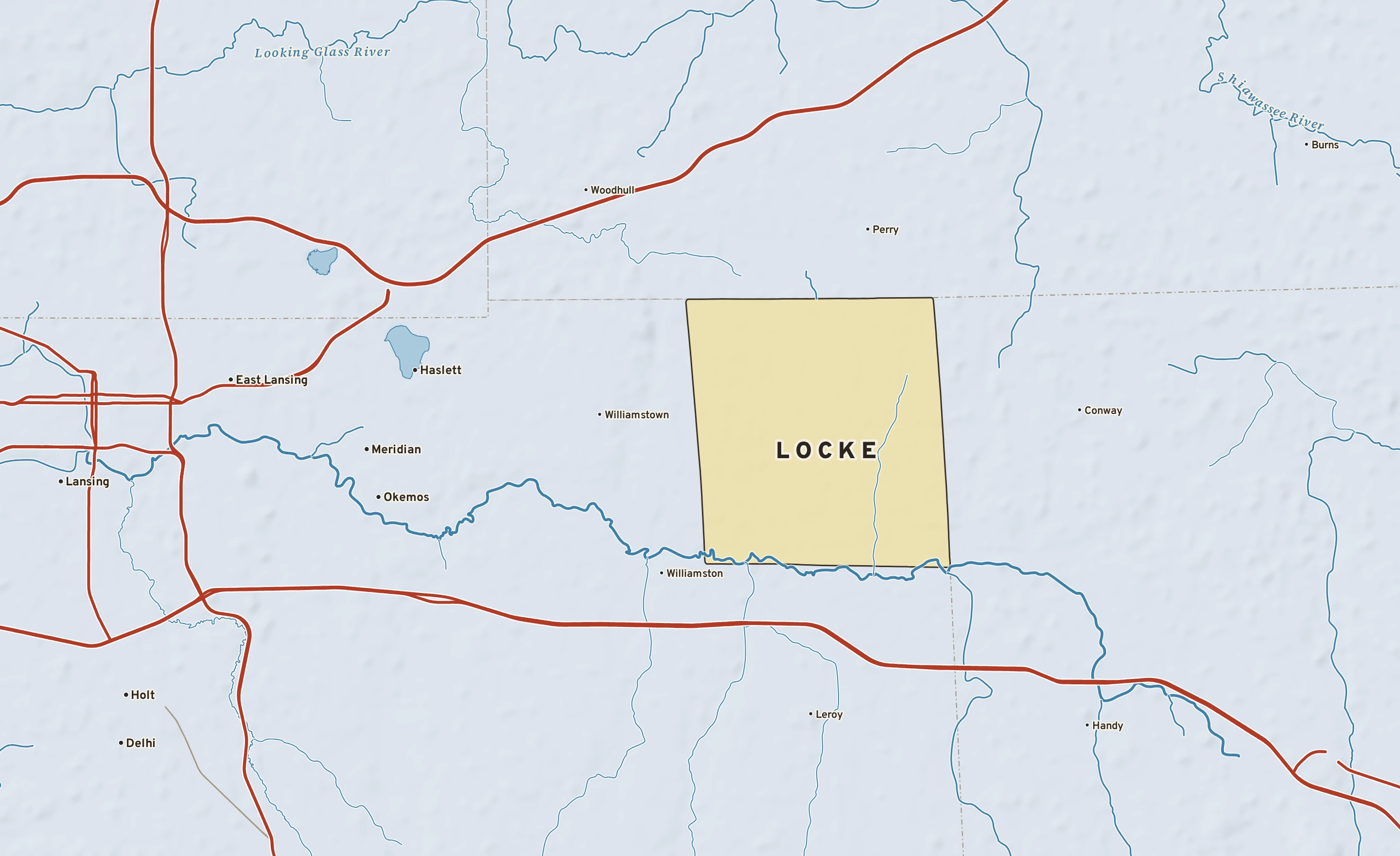 Shaded-relief atlas plate of Locke, Michigan: rivers, roads, the city limits and where the water drains.