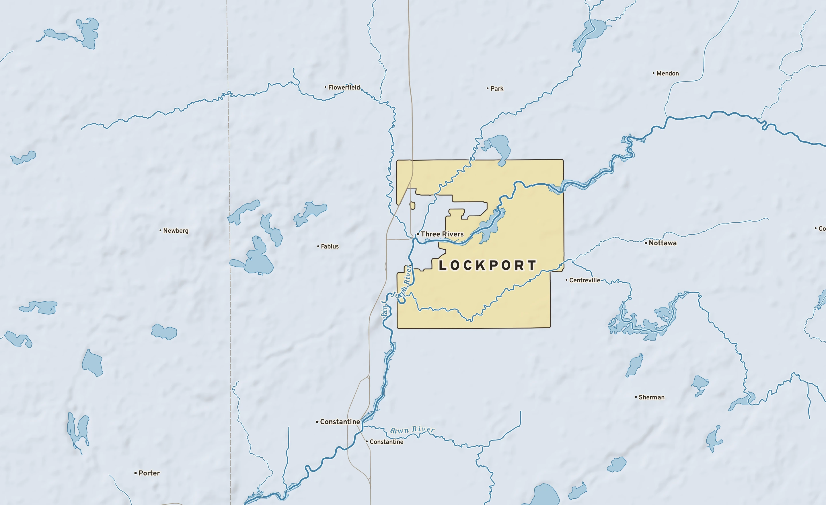 Shaded-relief atlas plate of Lockport, Michigan: rivers, roads, the city limits and where the water drains.