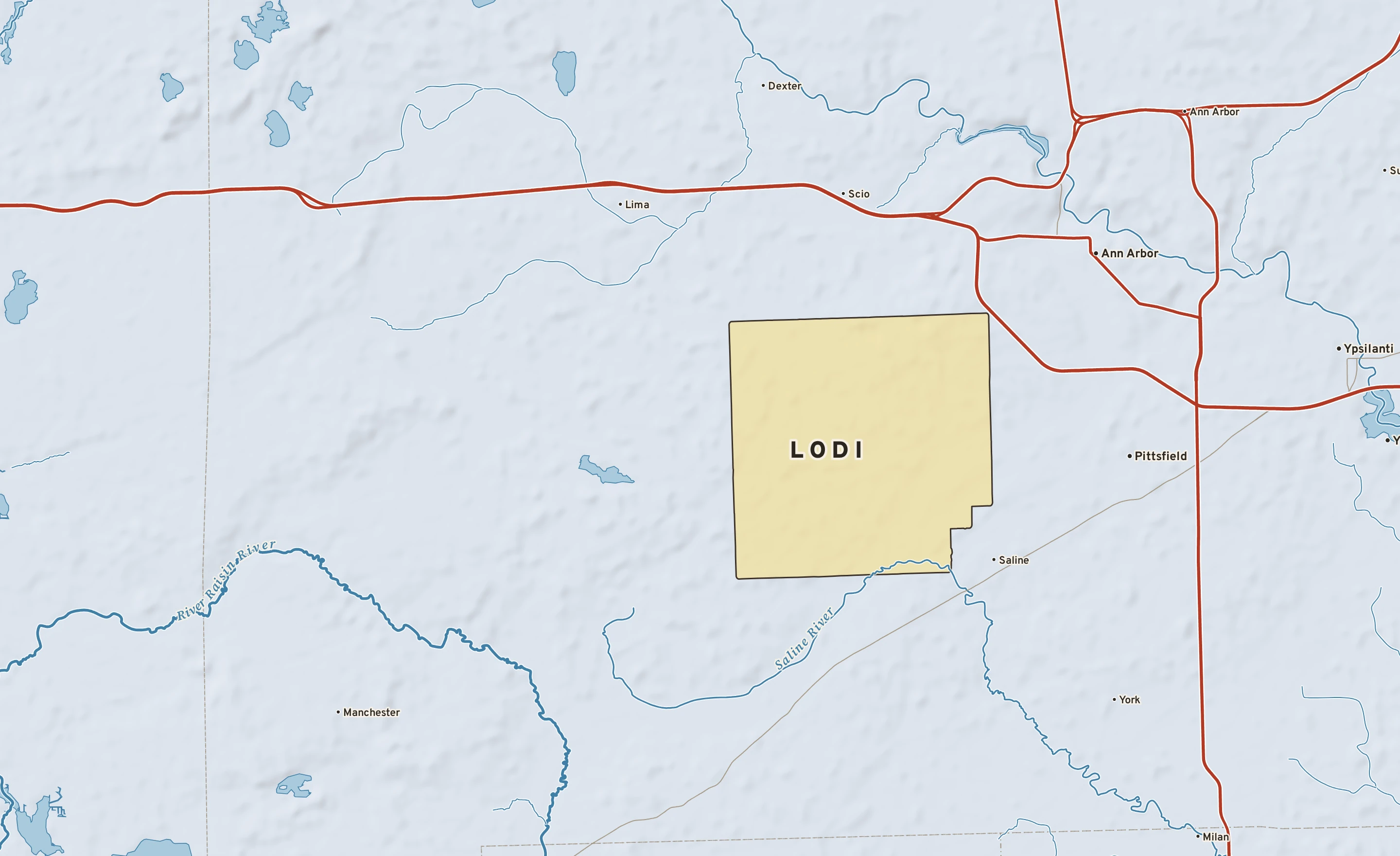 Shaded-relief atlas plate of Lodi, Michigan: rivers, roads, the city limits and where the water drains.