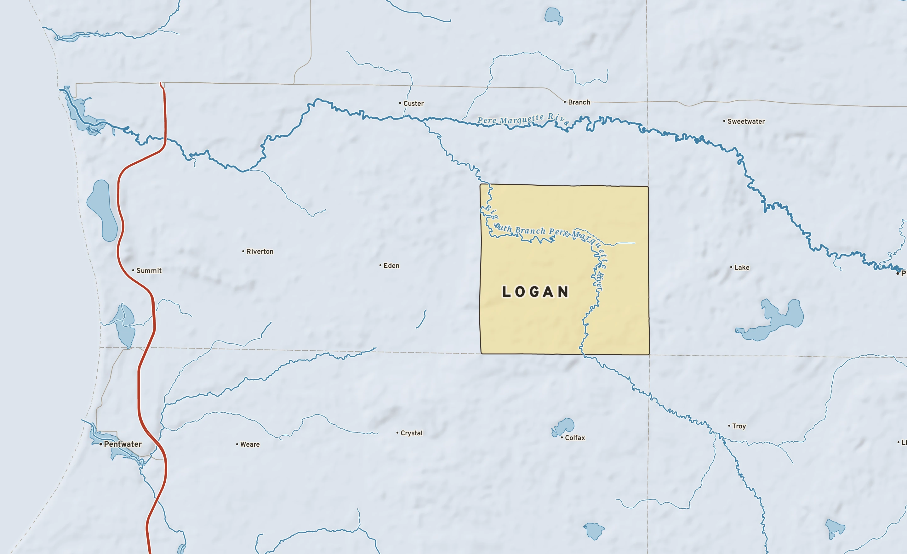 Shaded-relief atlas plate of Logan, Michigan: rivers, roads, the city limits and where the water drains.