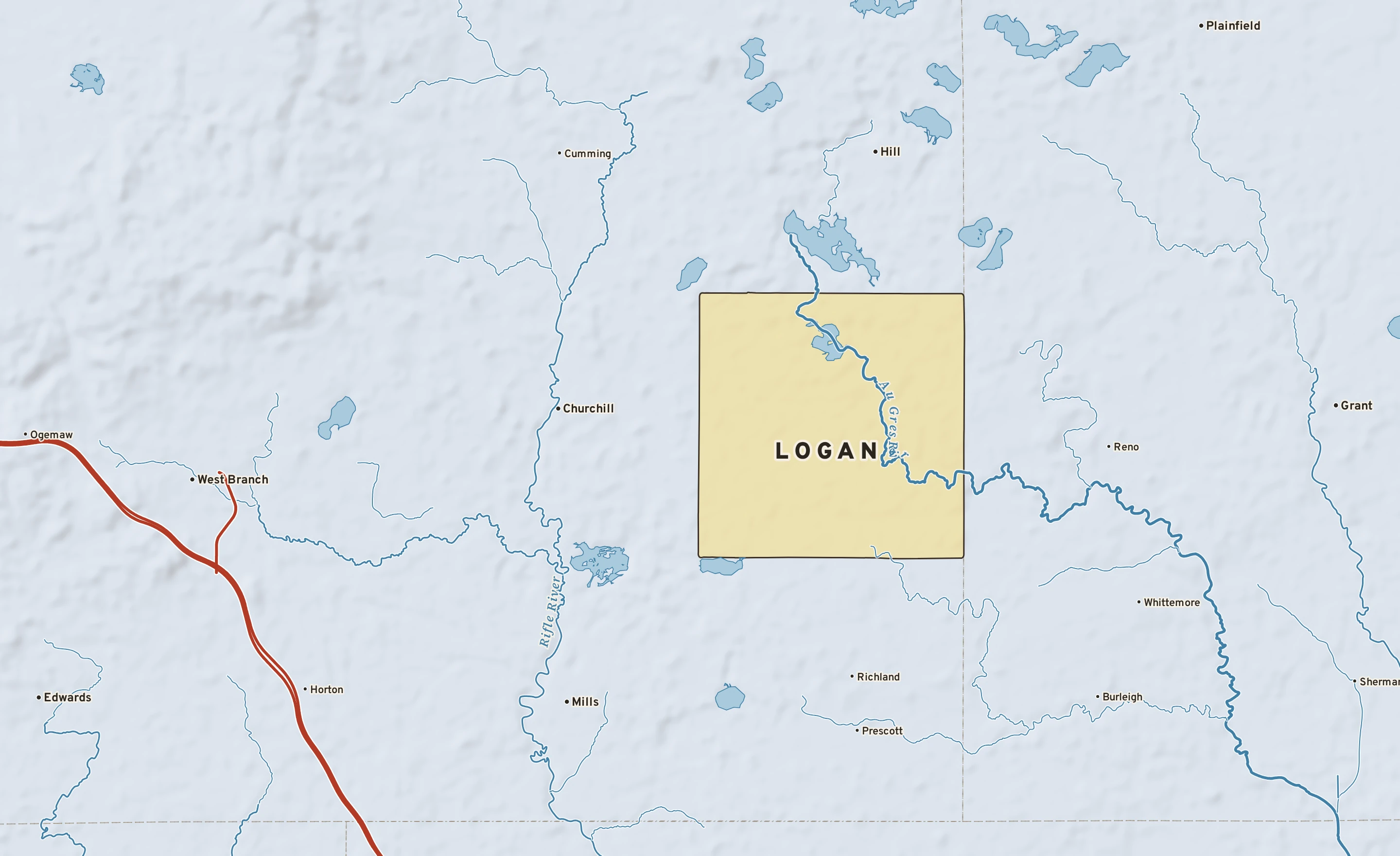 Shaded-relief atlas plate of Logan, Michigan: rivers, roads, the city limits and where the water drains.
