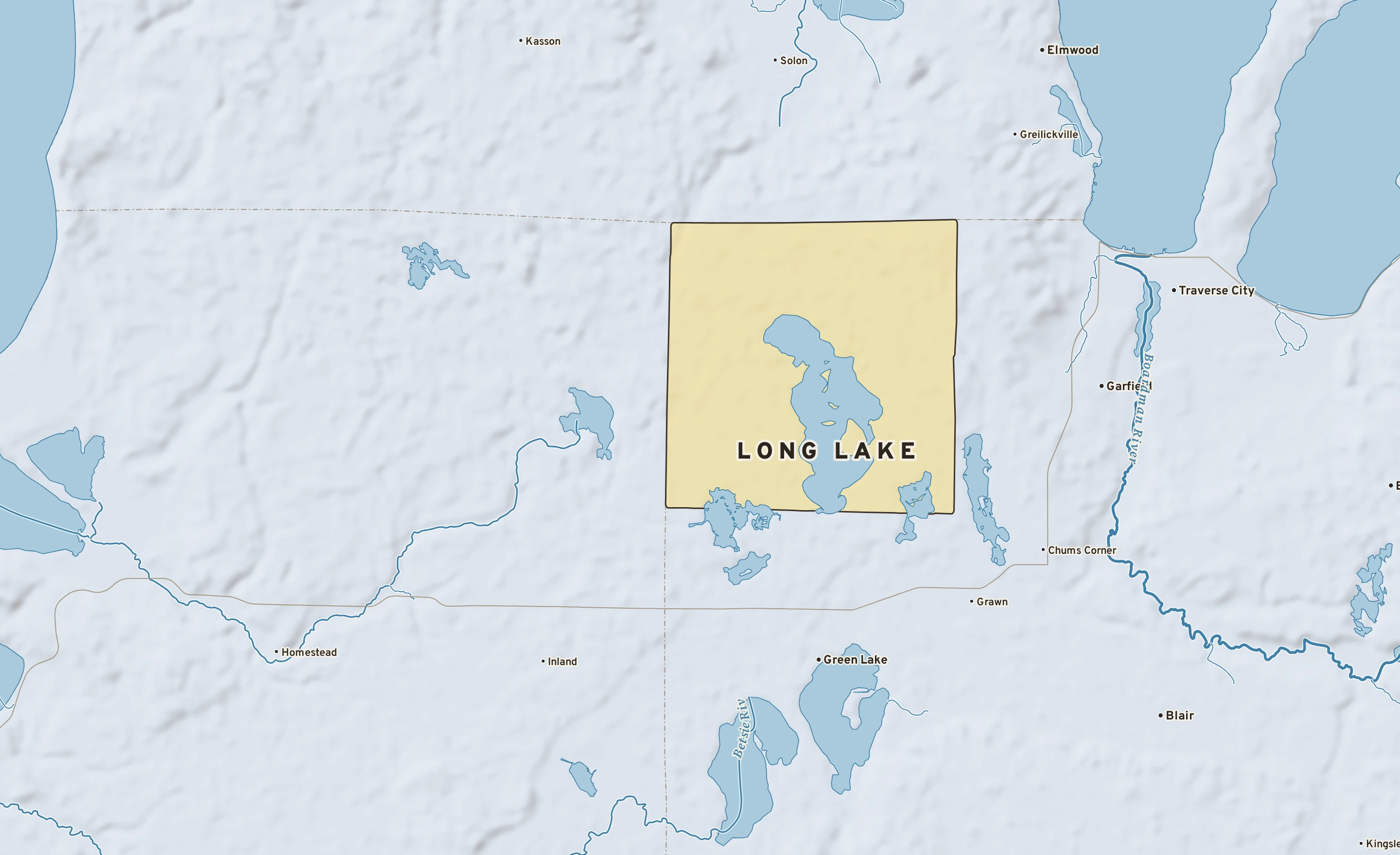 Shaded-relief atlas plate of Long Lake, Michigan: rivers, roads, the city limits and where the water drains.