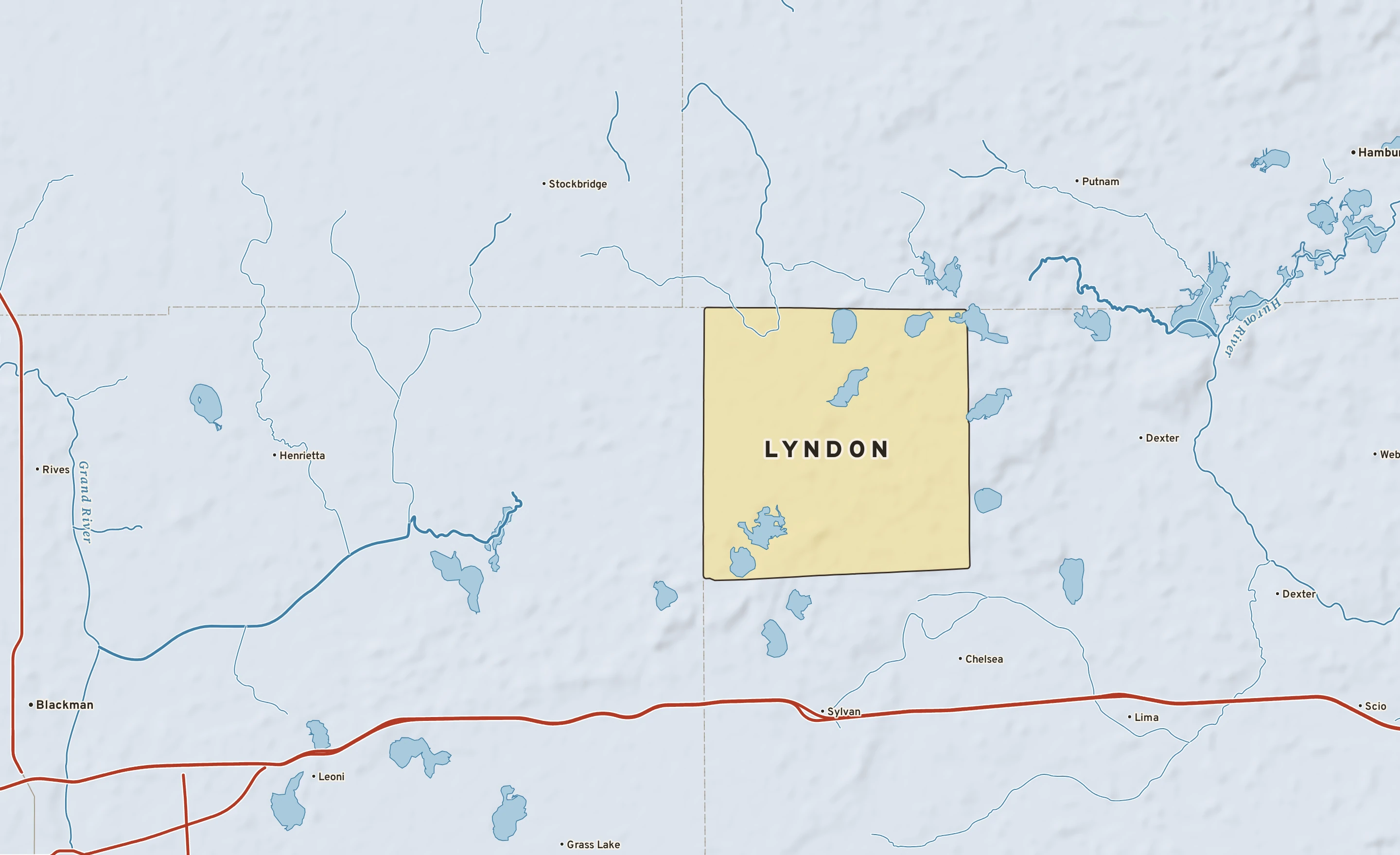 Shaded-relief atlas plate of Lyndon, Michigan: rivers, roads, the city limits and where the water drains.