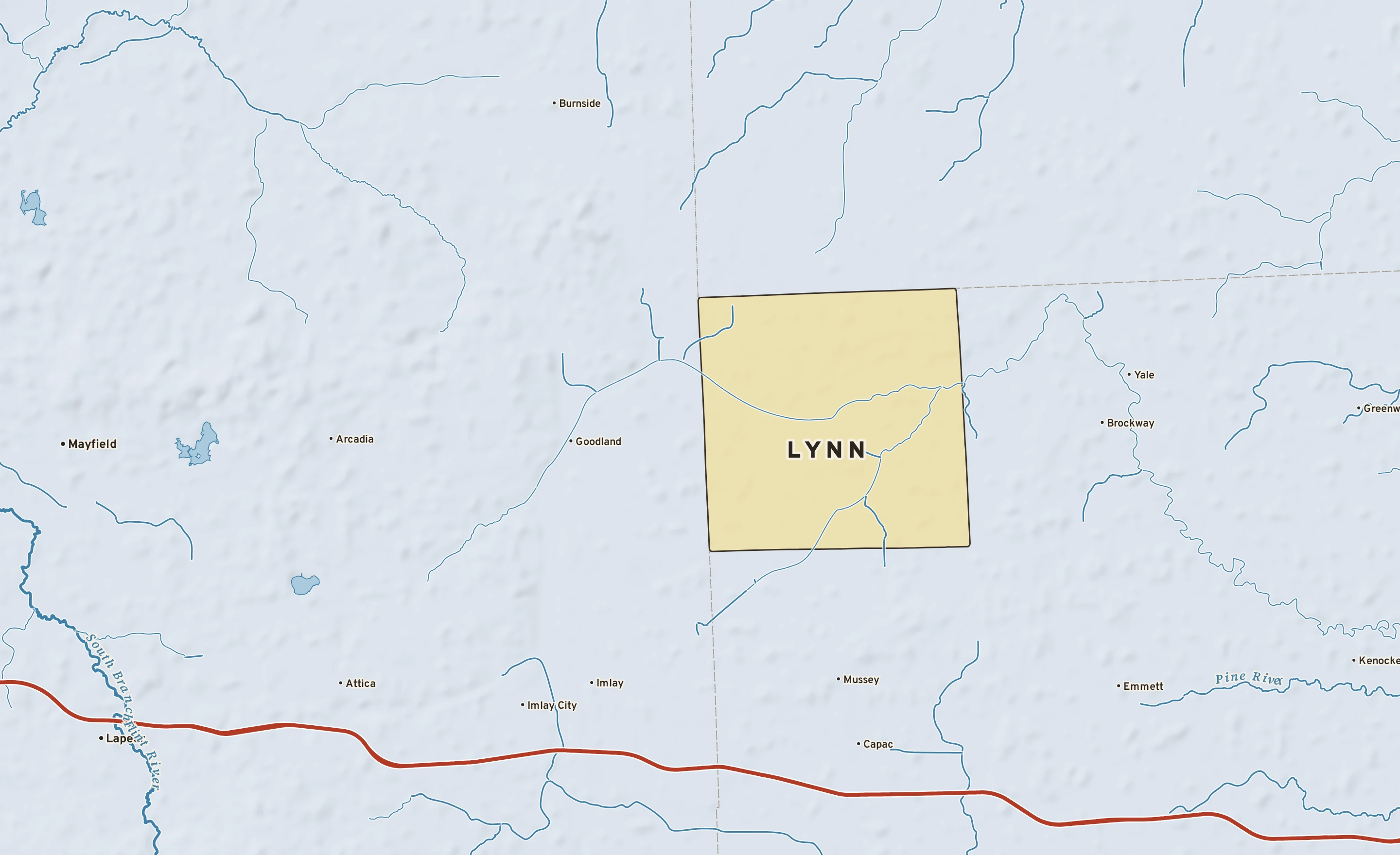 Shaded-relief atlas plate of Lynn, Michigan: rivers, roads, the city limits and where the water drains.