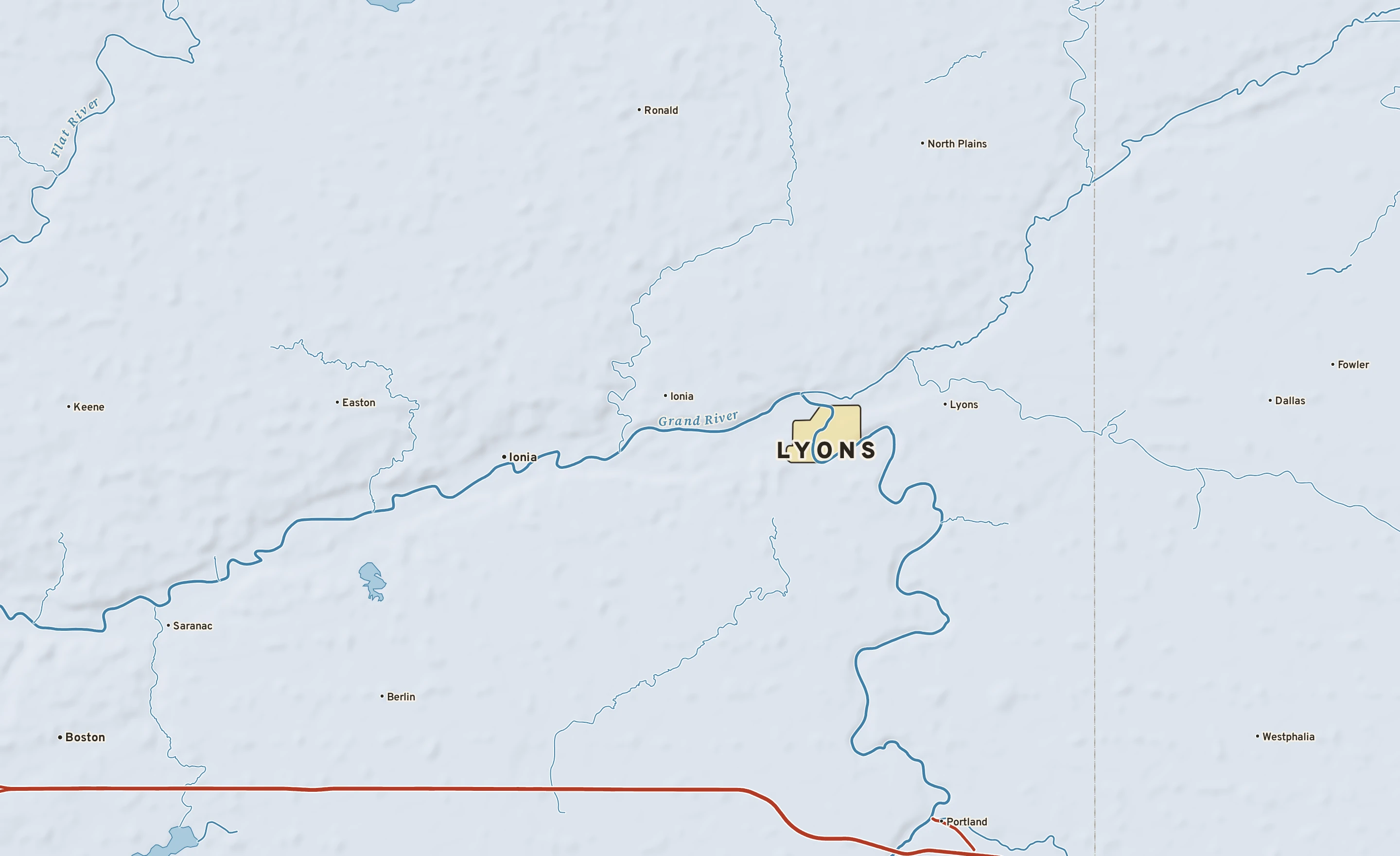 Shaded-relief atlas plate of Lyons, Michigan: rivers, roads, the city limits and where the water drains.