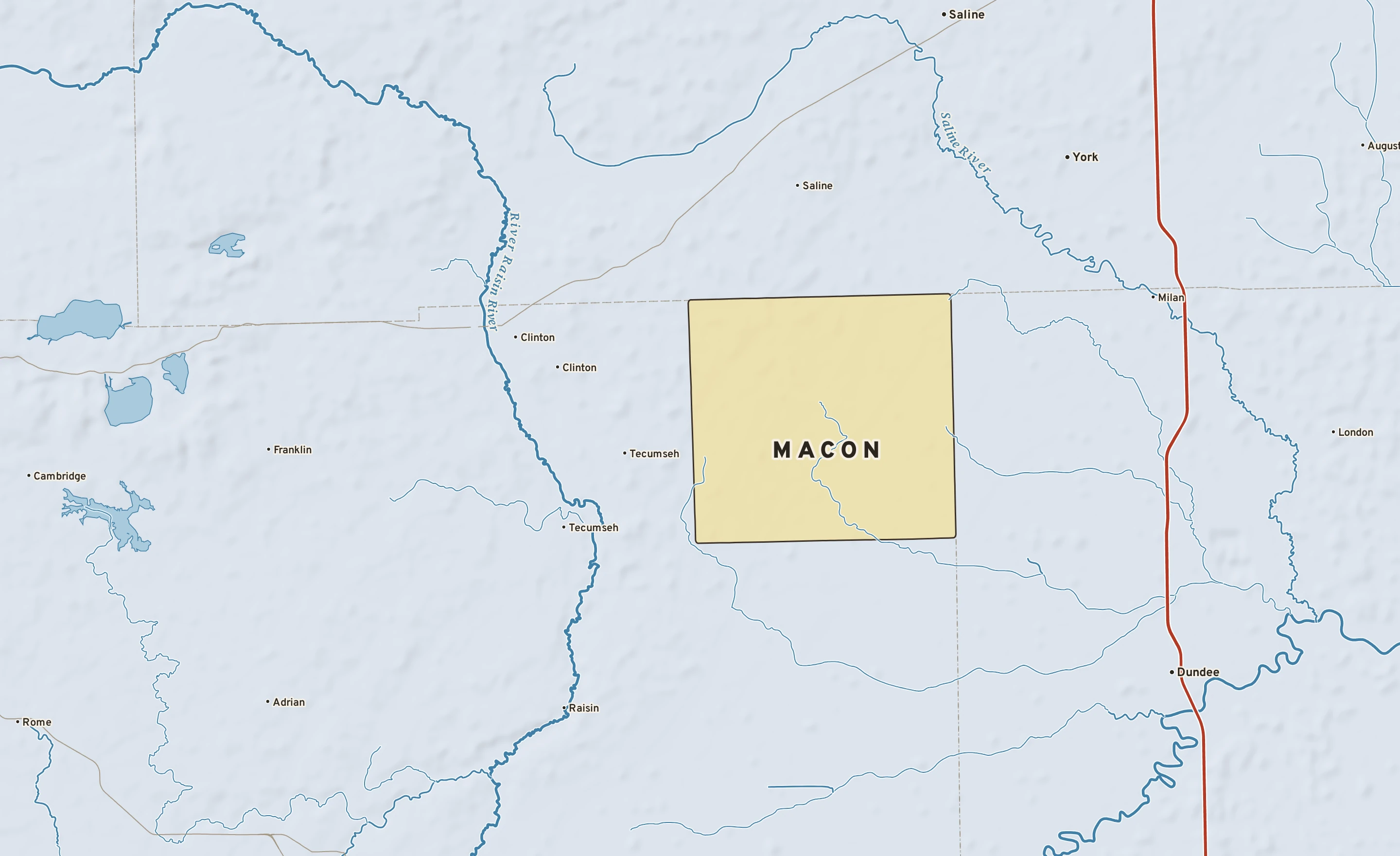 Shaded-relief atlas plate of Macon, Michigan: rivers, roads, the city limits and where the water drains.
