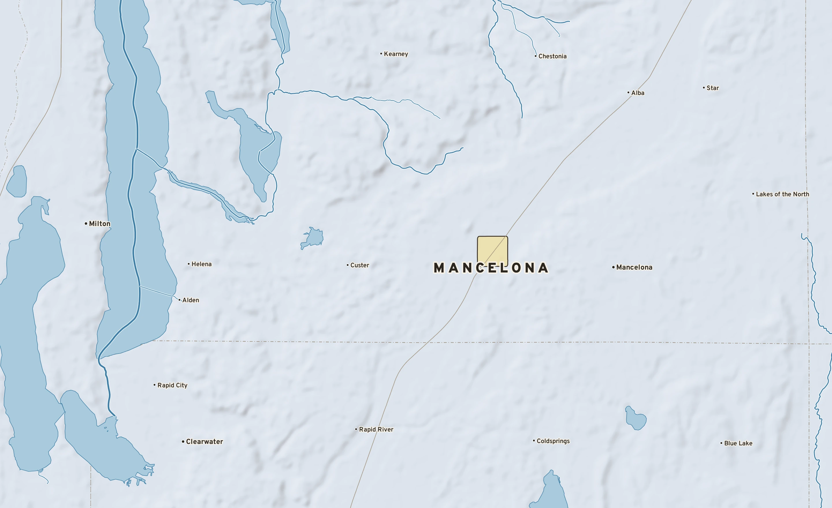 Shaded-relief atlas plate of Mancelona, Michigan: rivers, roads, the city limits and where the water drains.