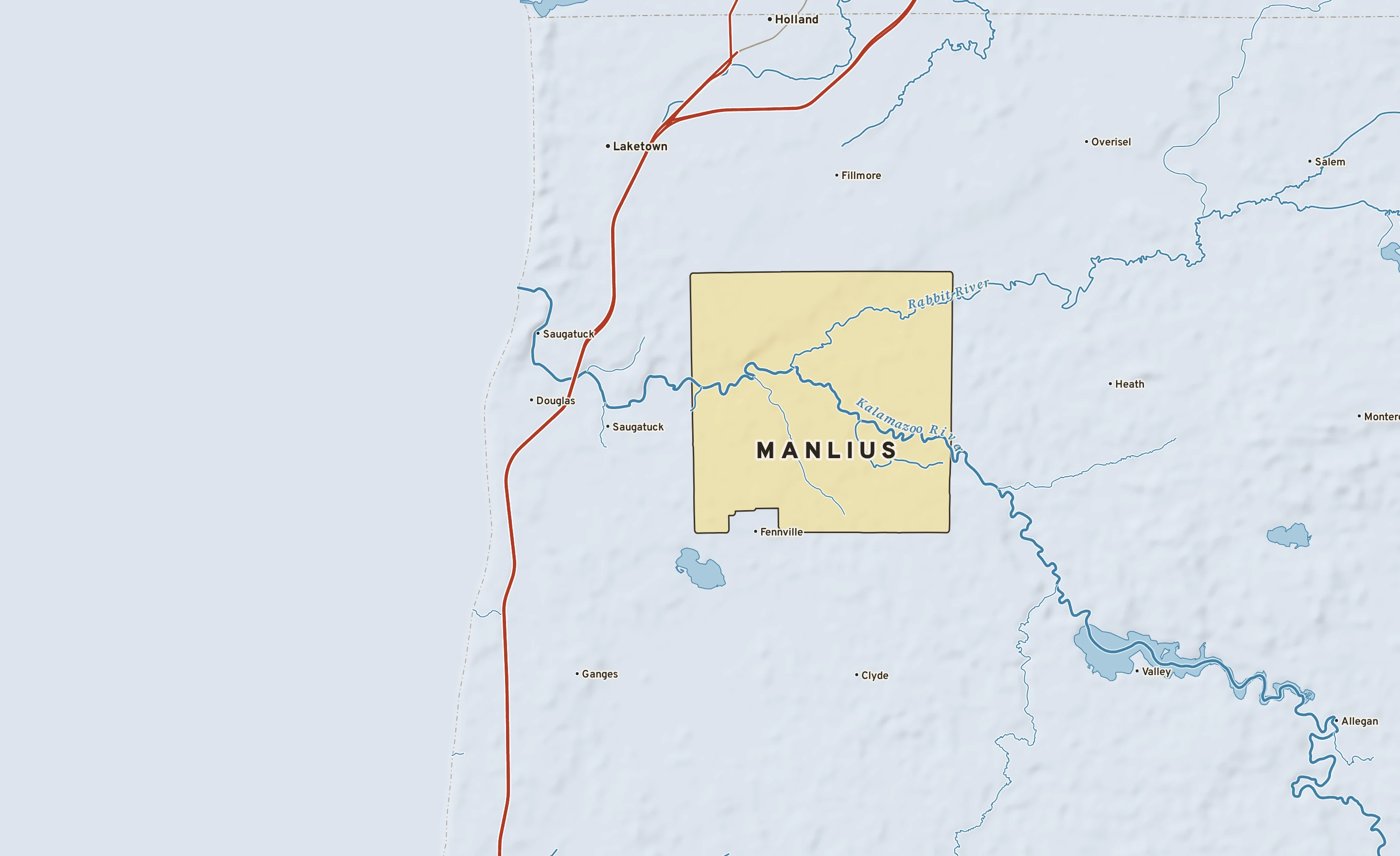 Shaded-relief atlas plate of Manlius, Michigan: rivers, roads, the city limits and where the water drains.