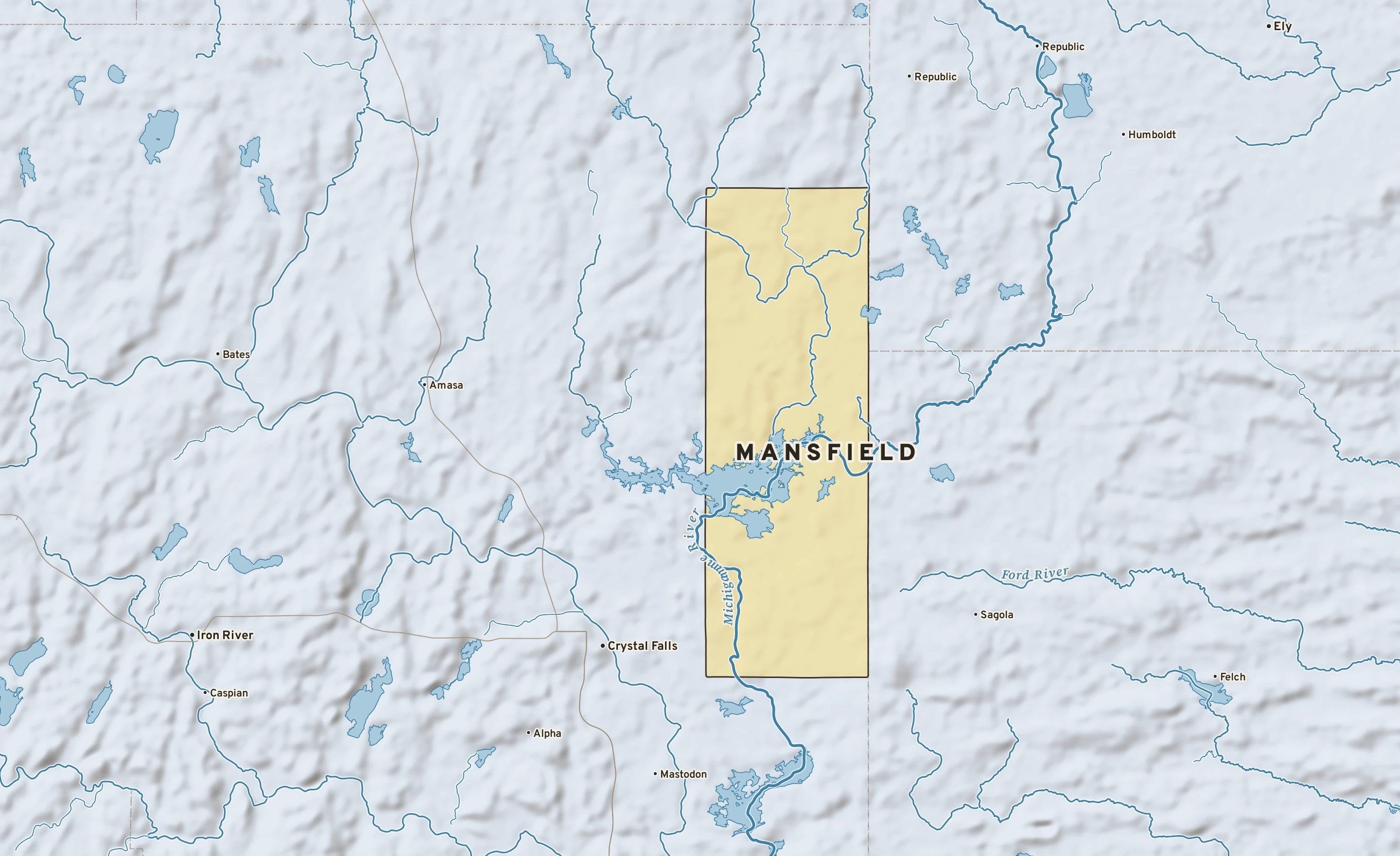 Shaded-relief atlas plate of Mansfield, Michigan: rivers, roads, the city limits and where the water drains.
