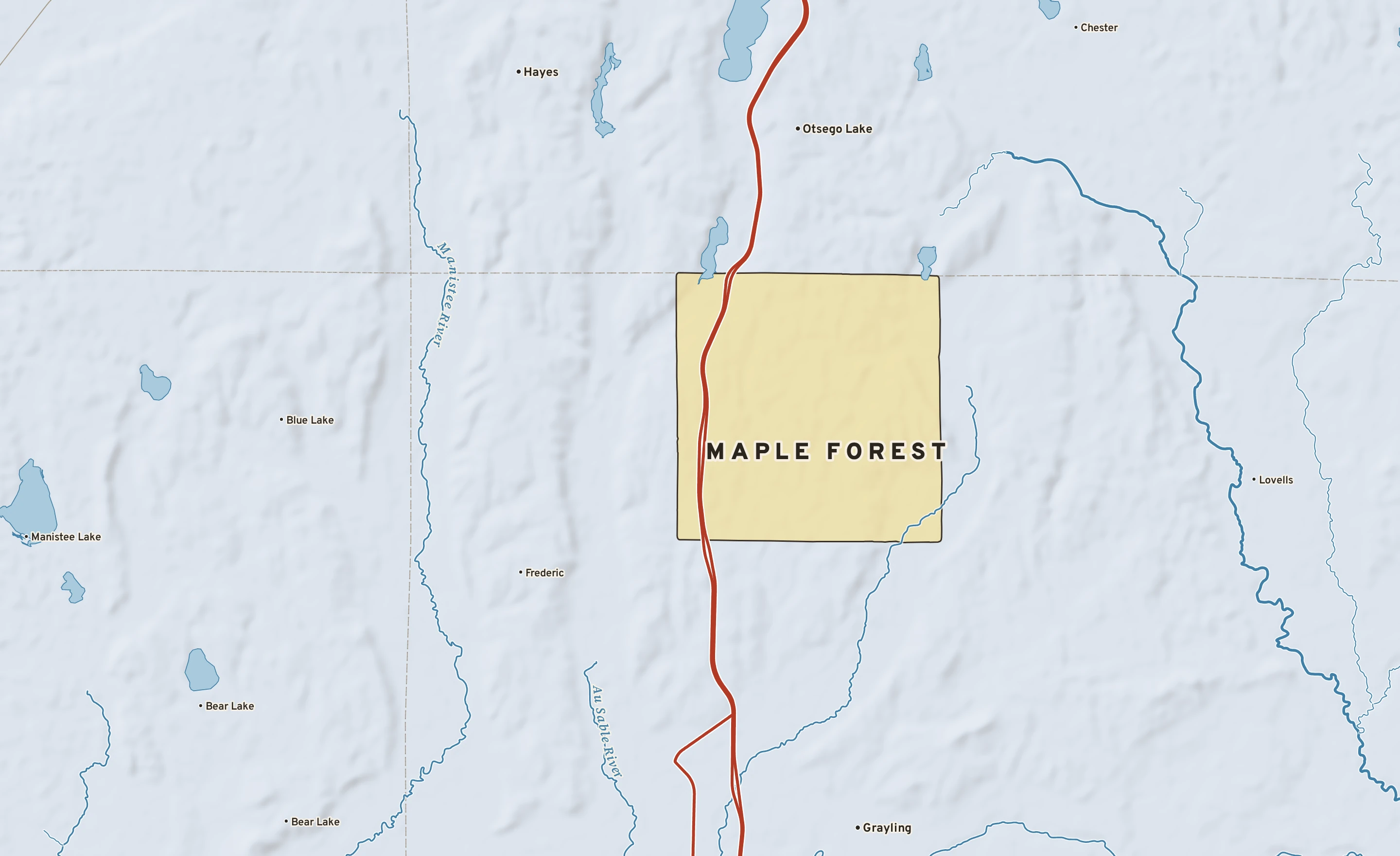 Shaded-relief atlas plate of Maple Forest, Michigan: rivers, roads, the city limits and where the water drains.