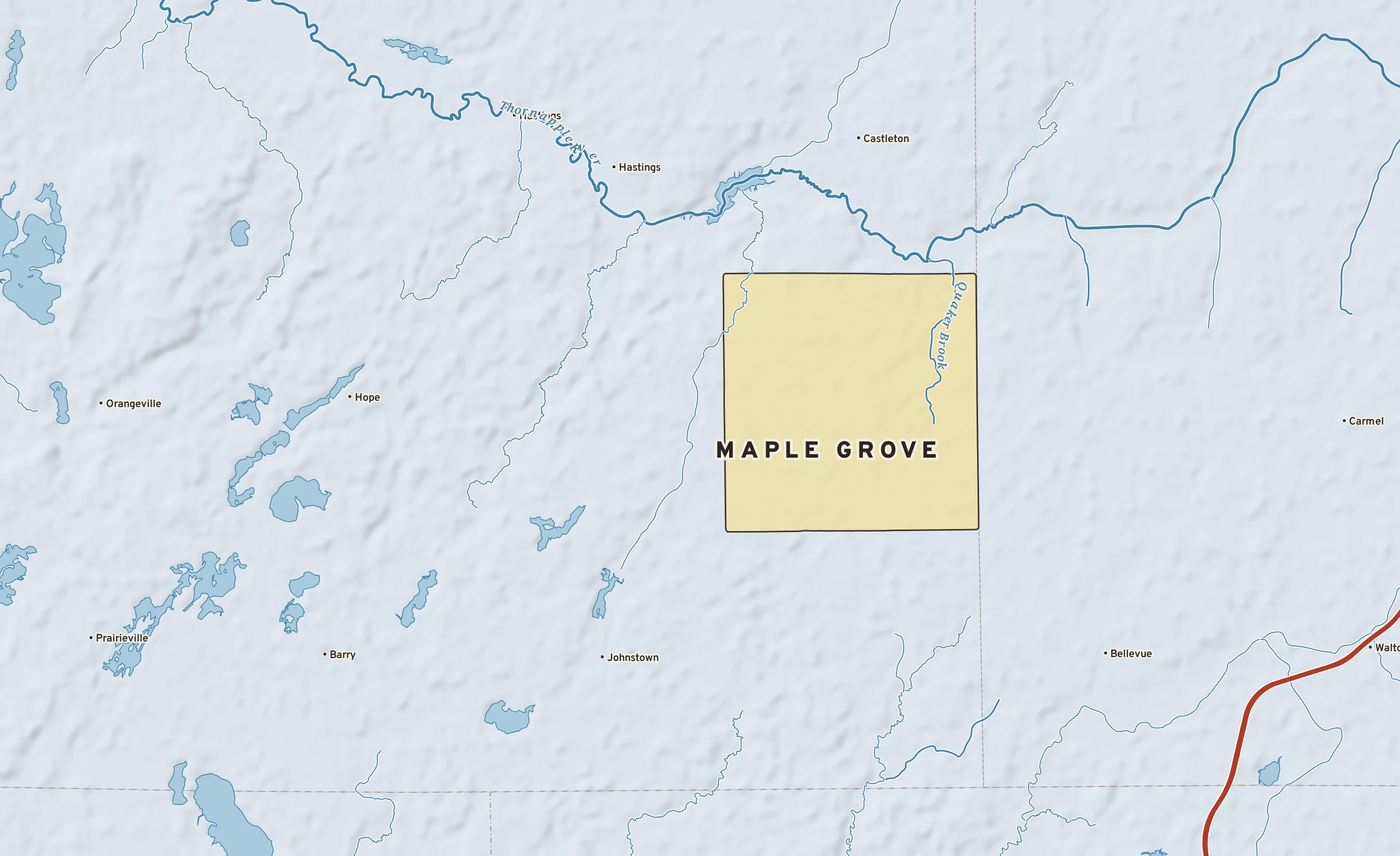 Shaded-relief atlas plate of Maple Grove, Michigan: rivers, roads, the city limits and where the water drains.