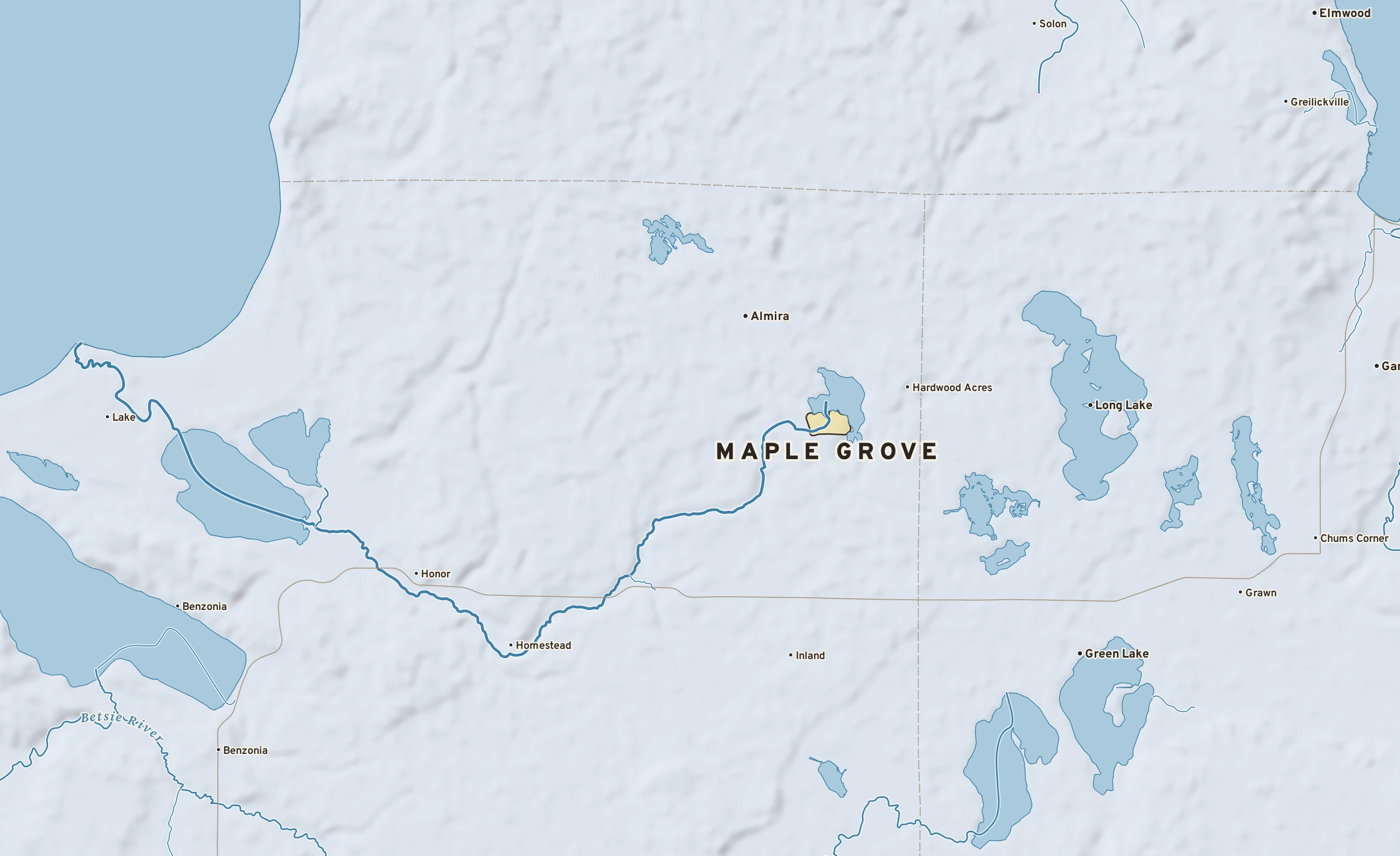 Shaded-relief atlas plate of Maple Grove, Michigan: rivers, roads, the city limits and where the water drains.