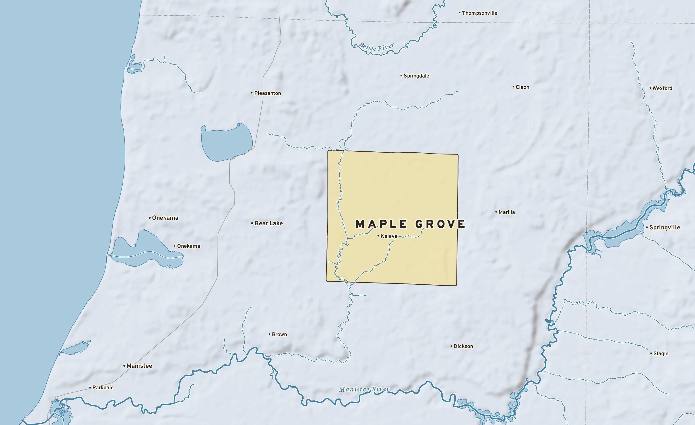 Shaded-relief atlas plate of Maple Grove, Michigan: rivers, roads, the city limits and where the water drains.