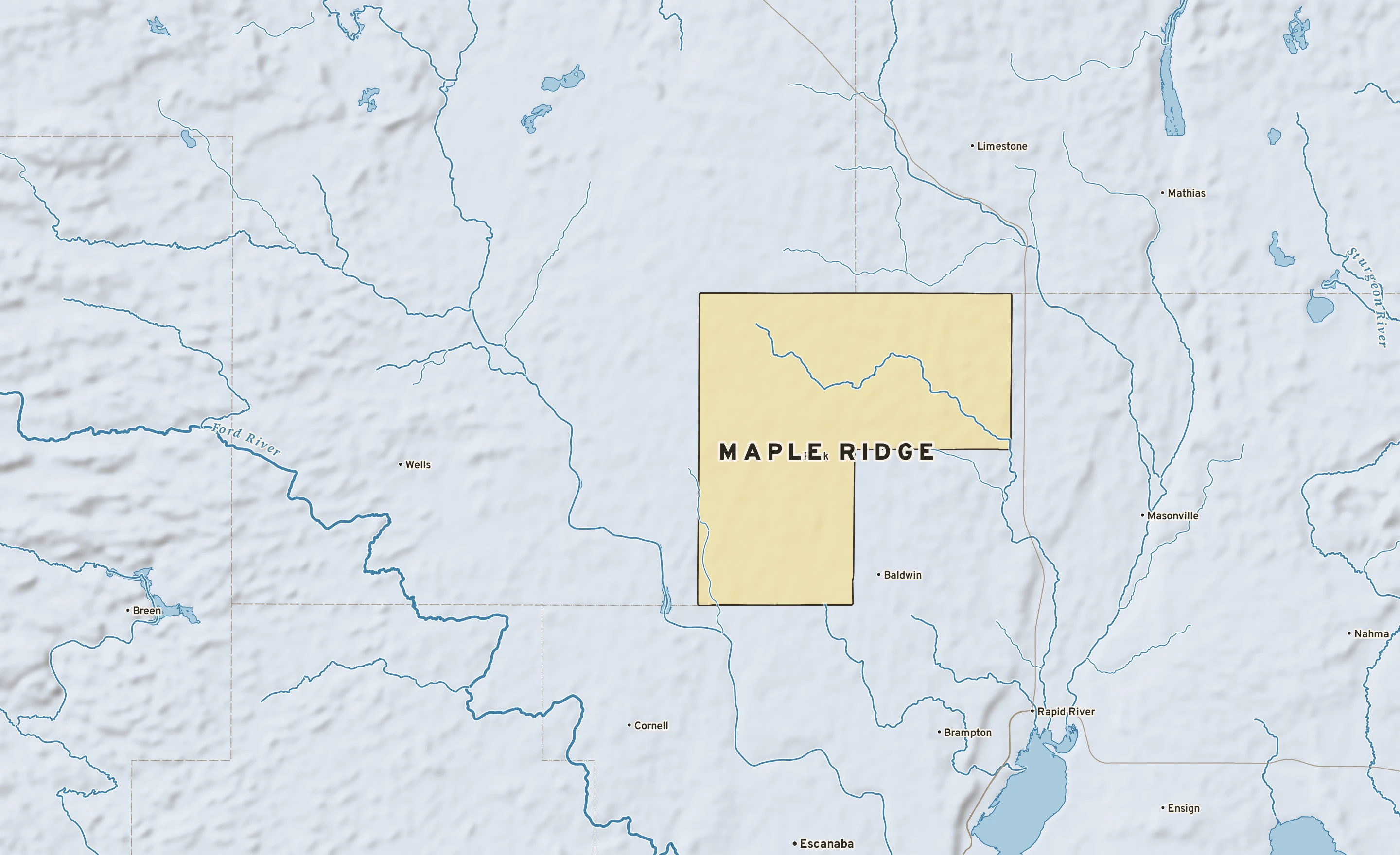 Shaded-relief atlas plate of Maple Ridge, Michigan: rivers, roads, the city limits and where the water drains.