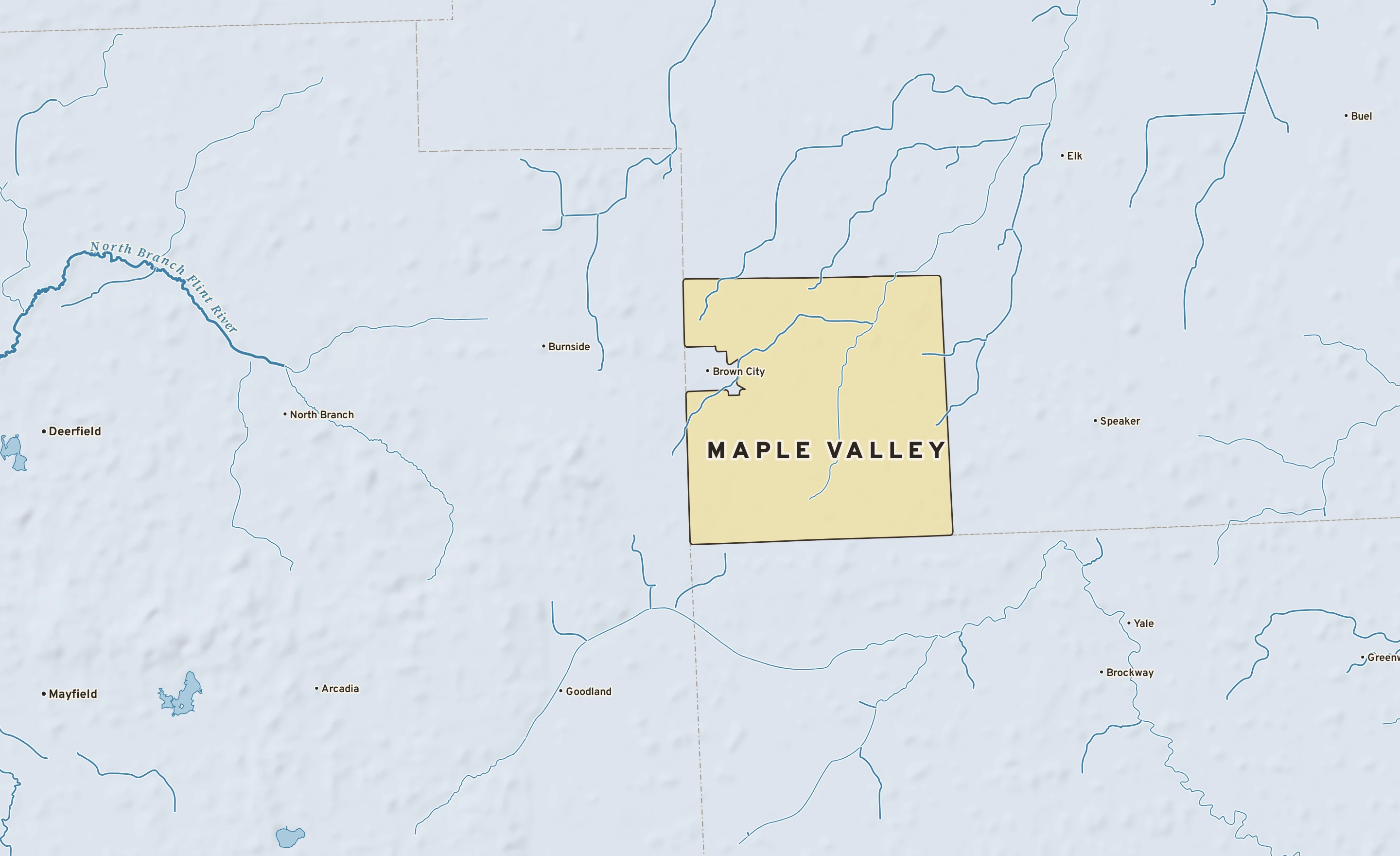Shaded-relief atlas plate of Maple Valley, Michigan: rivers, roads, the city limits and where the water drains.