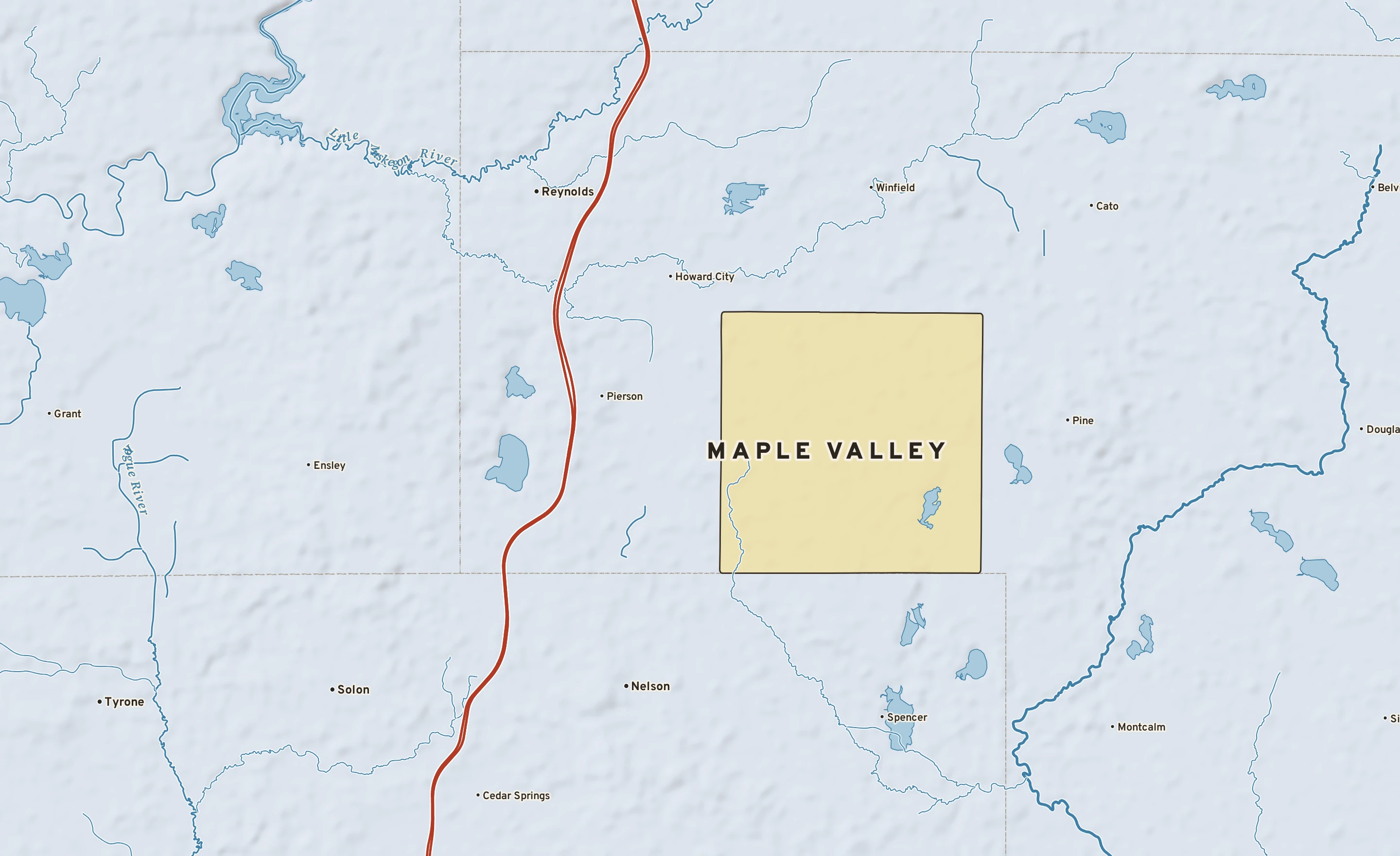 Shaded-relief atlas plate of Maple Valley, Michigan: rivers, roads, the city limits and where the water drains.