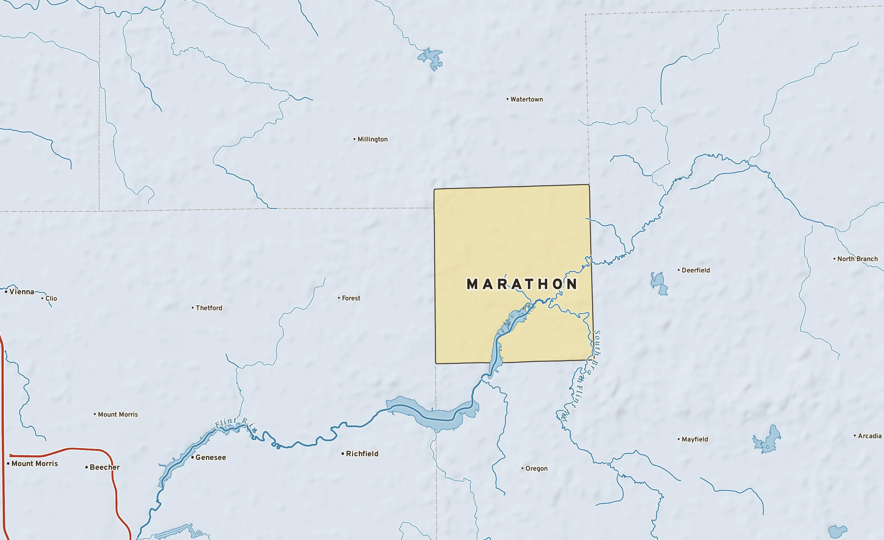 Shaded-relief atlas plate of Marathon, Michigan: rivers, roads, the city limits and where the water drains.