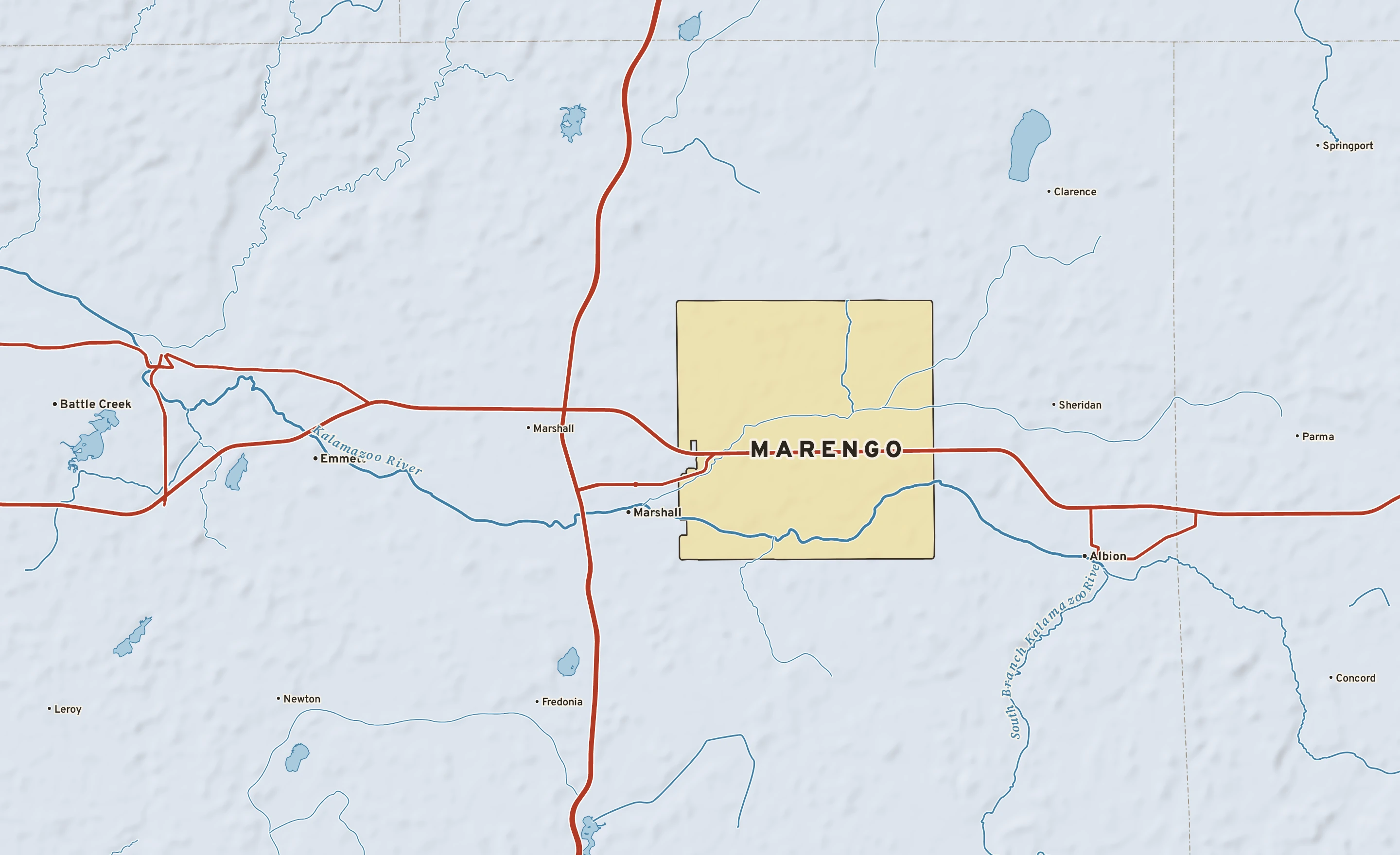 Shaded-relief atlas plate of Marengo, Michigan: rivers, roads, the city limits and where the water drains.