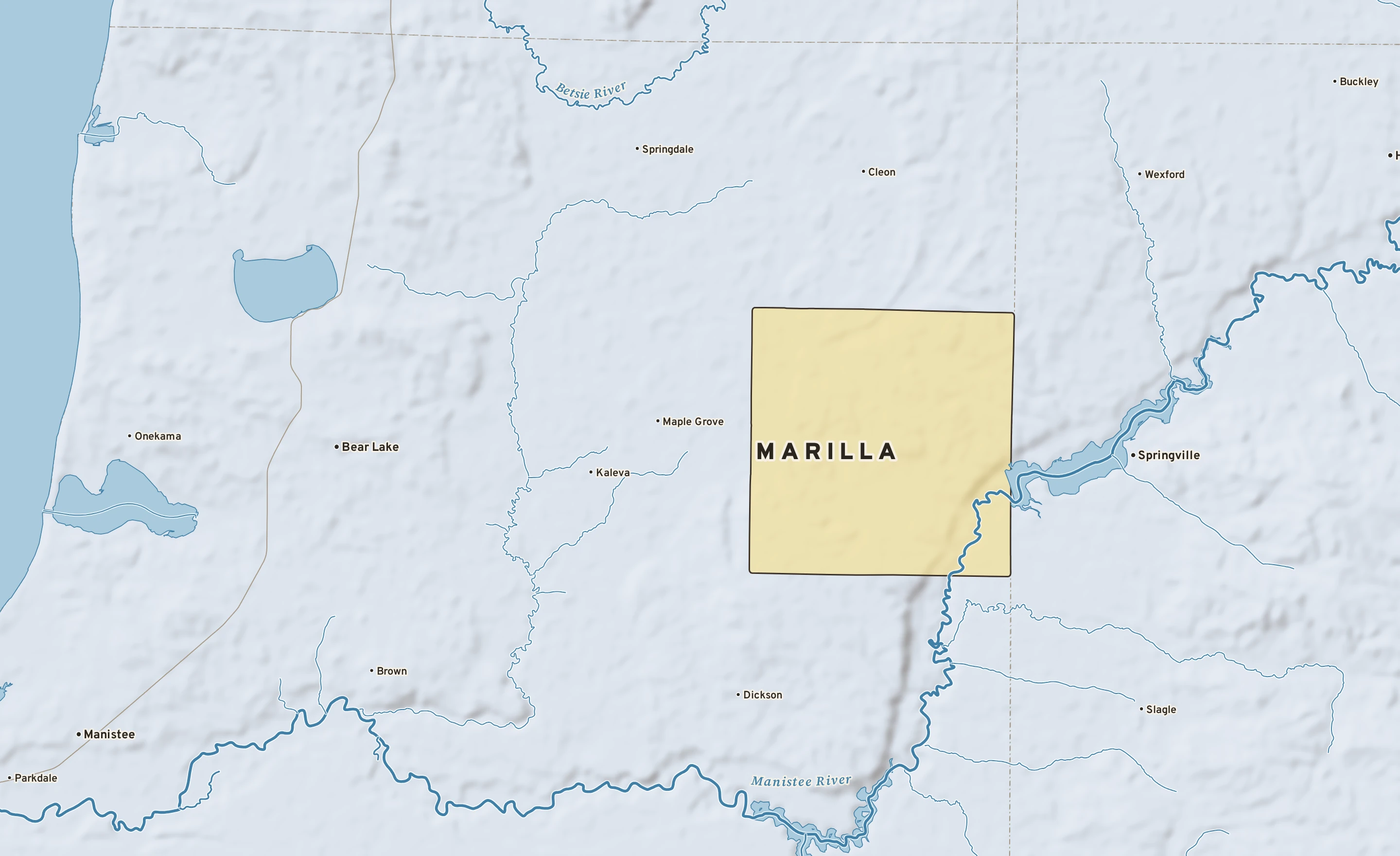 Shaded-relief atlas plate of Marilla, Michigan: rivers, roads, the city limits and where the water drains.