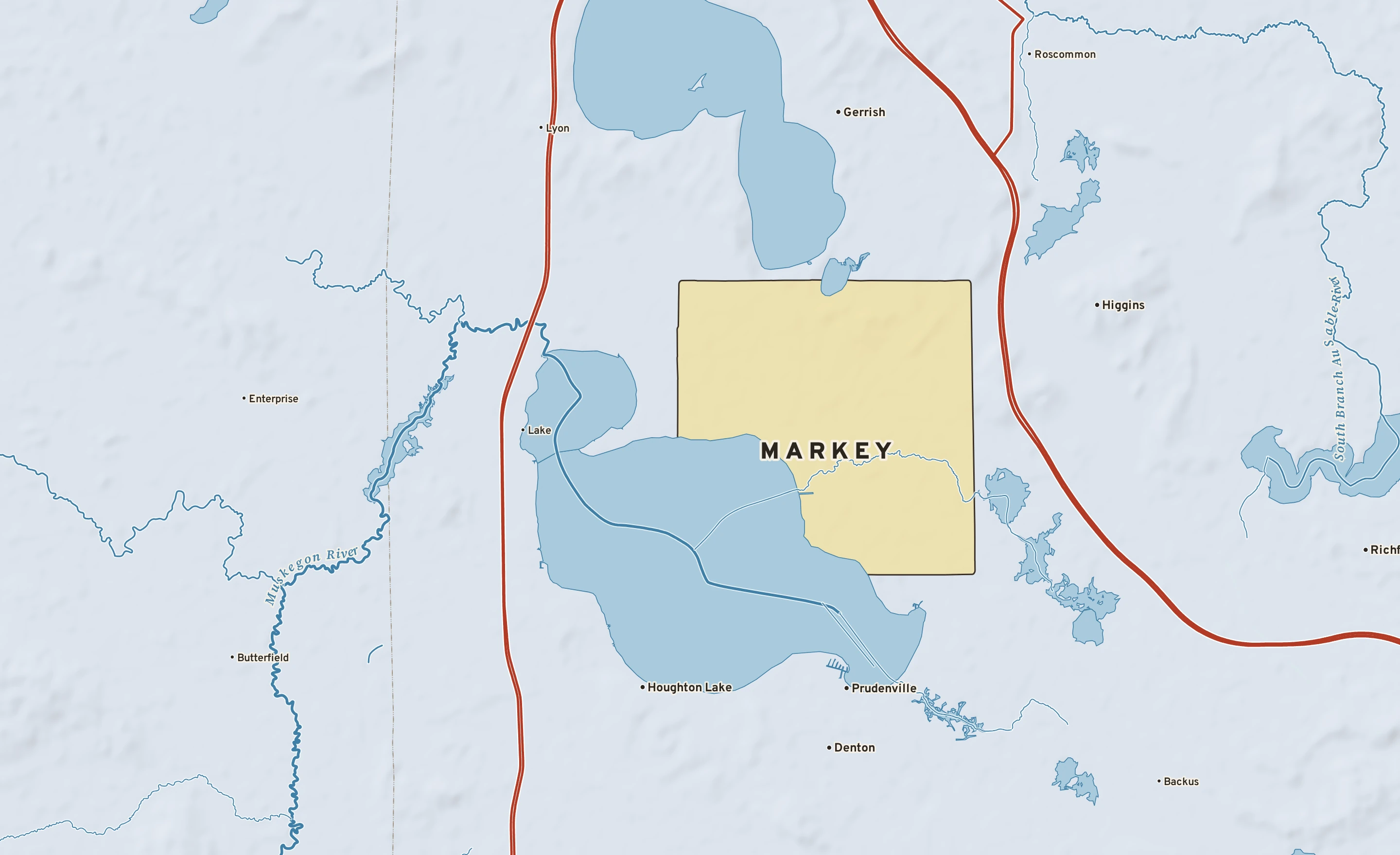 Shaded-relief atlas plate of Markey, Michigan: rivers, roads, the city limits and where the water drains.