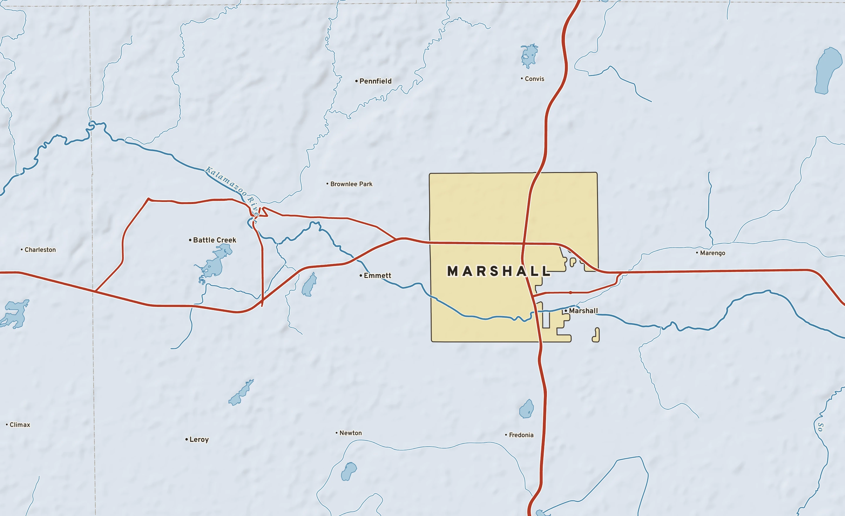 Shaded-relief atlas plate of Marshall, Michigan: rivers, roads, the city limits and where the water drains.