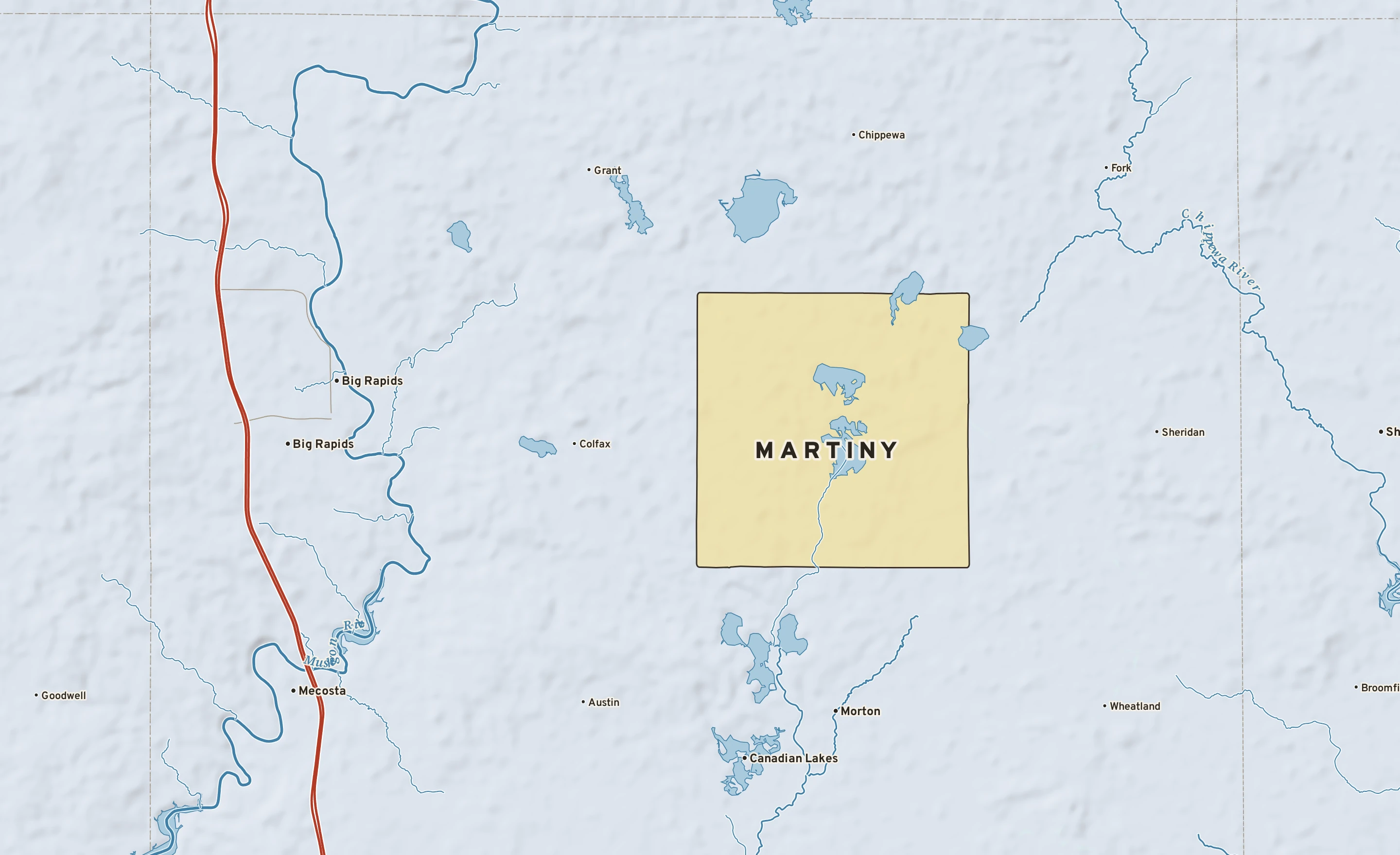 Shaded-relief atlas plate of Martiny, Michigan: rivers, roads, the city limits and where the water drains.