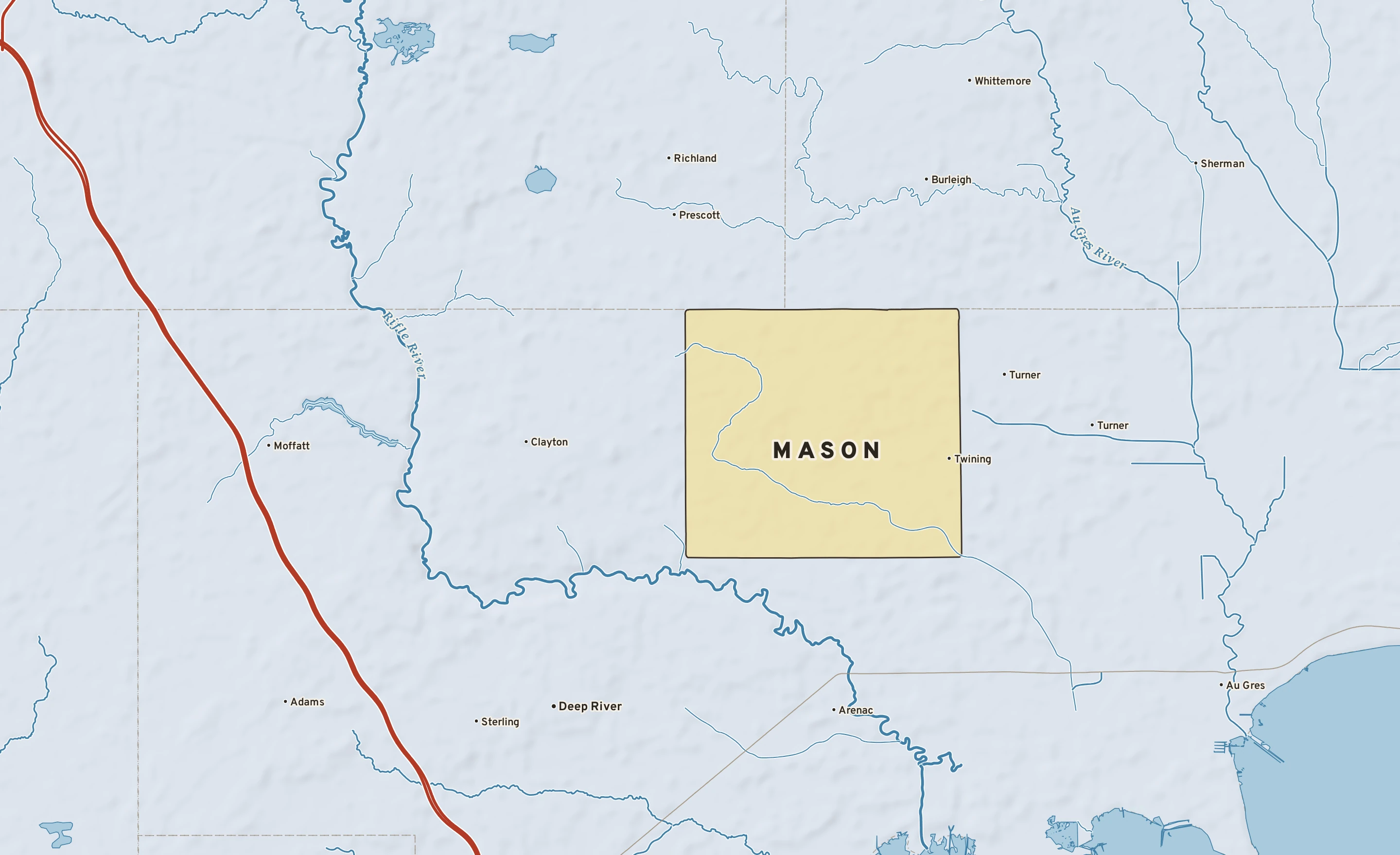 Shaded-relief atlas plate of Mason, Michigan: rivers, roads, the city limits and where the water drains.