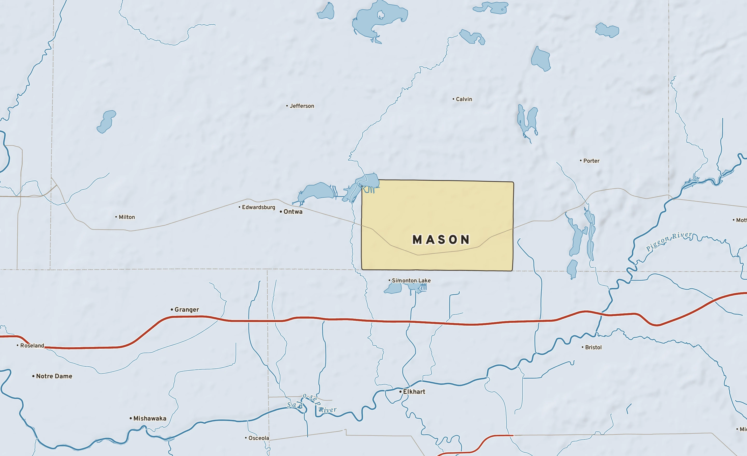 Shaded-relief atlas plate of Mason, Michigan: rivers, roads, the city limits and where the water drains.