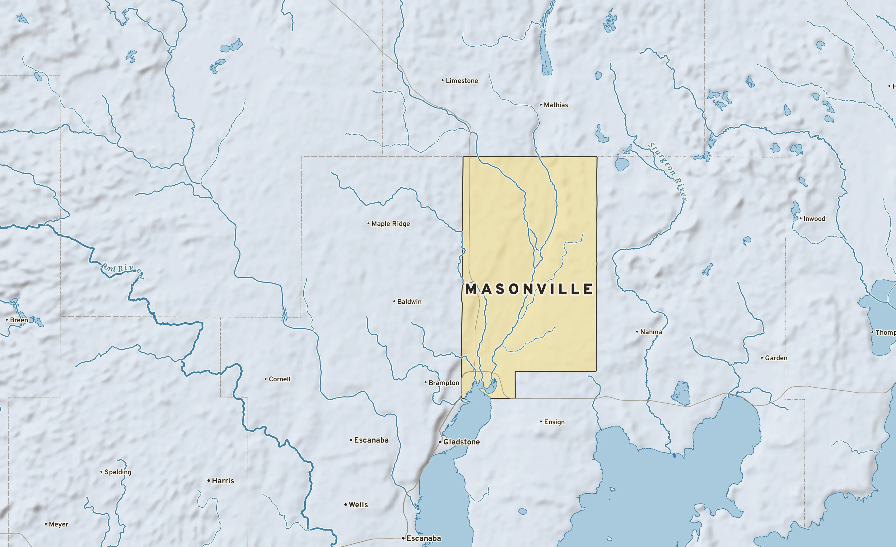 Shaded-relief atlas plate of Masonville, Michigan: rivers, roads, the city limits and where the water drains.
