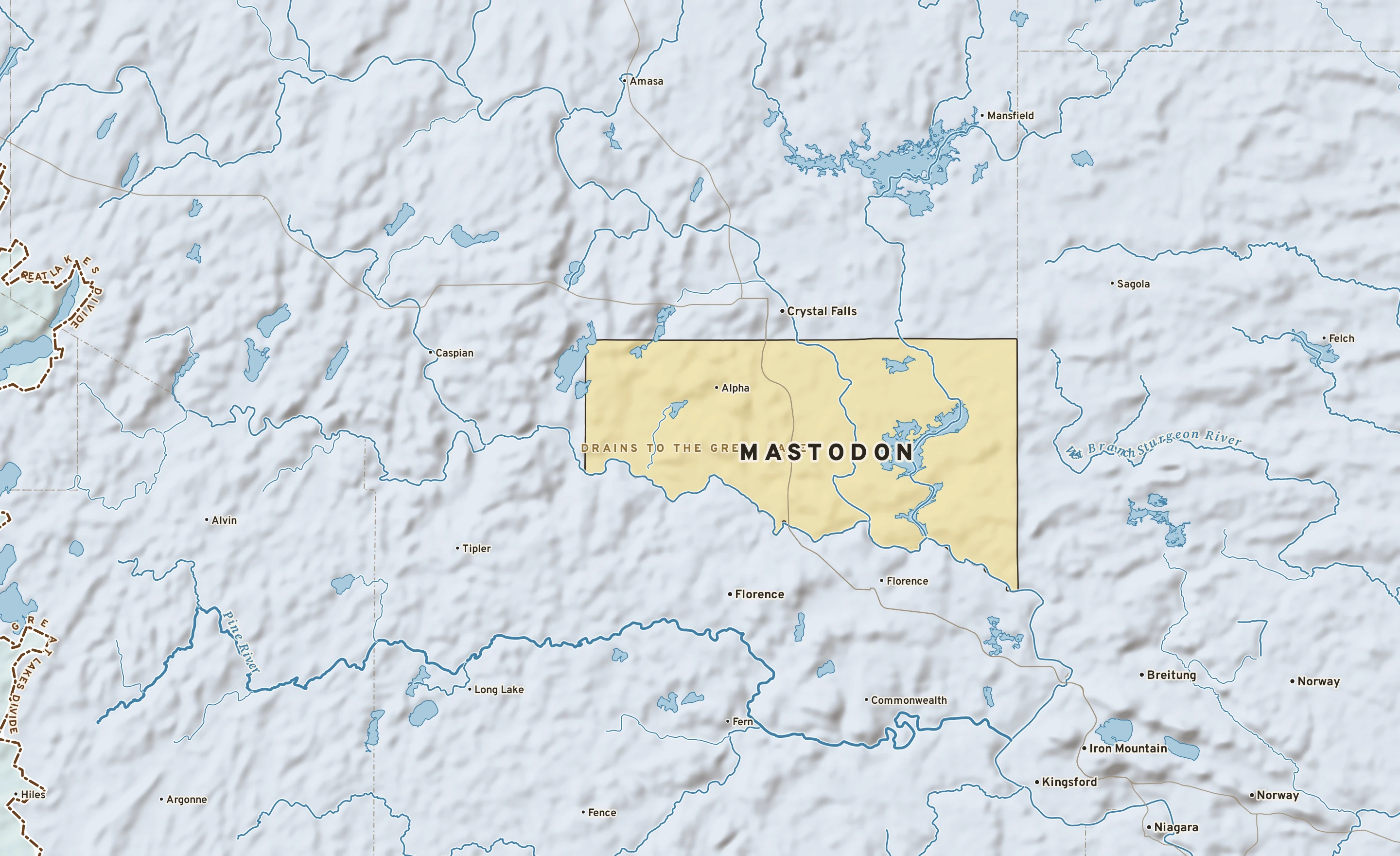 Shaded-relief atlas plate of Mastodon, Michigan: rivers, roads, the city limits and where the water drains.