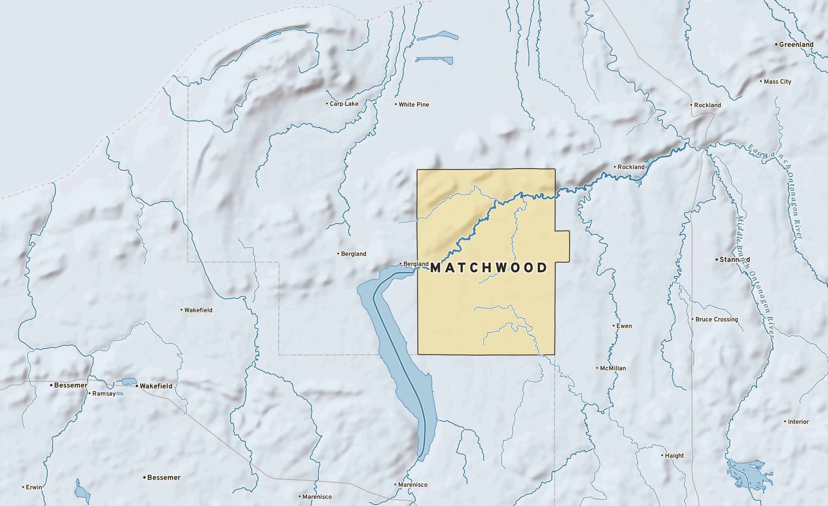 Shaded-relief atlas plate of Matchwood, Michigan: rivers, roads, the city limits and where the water drains.