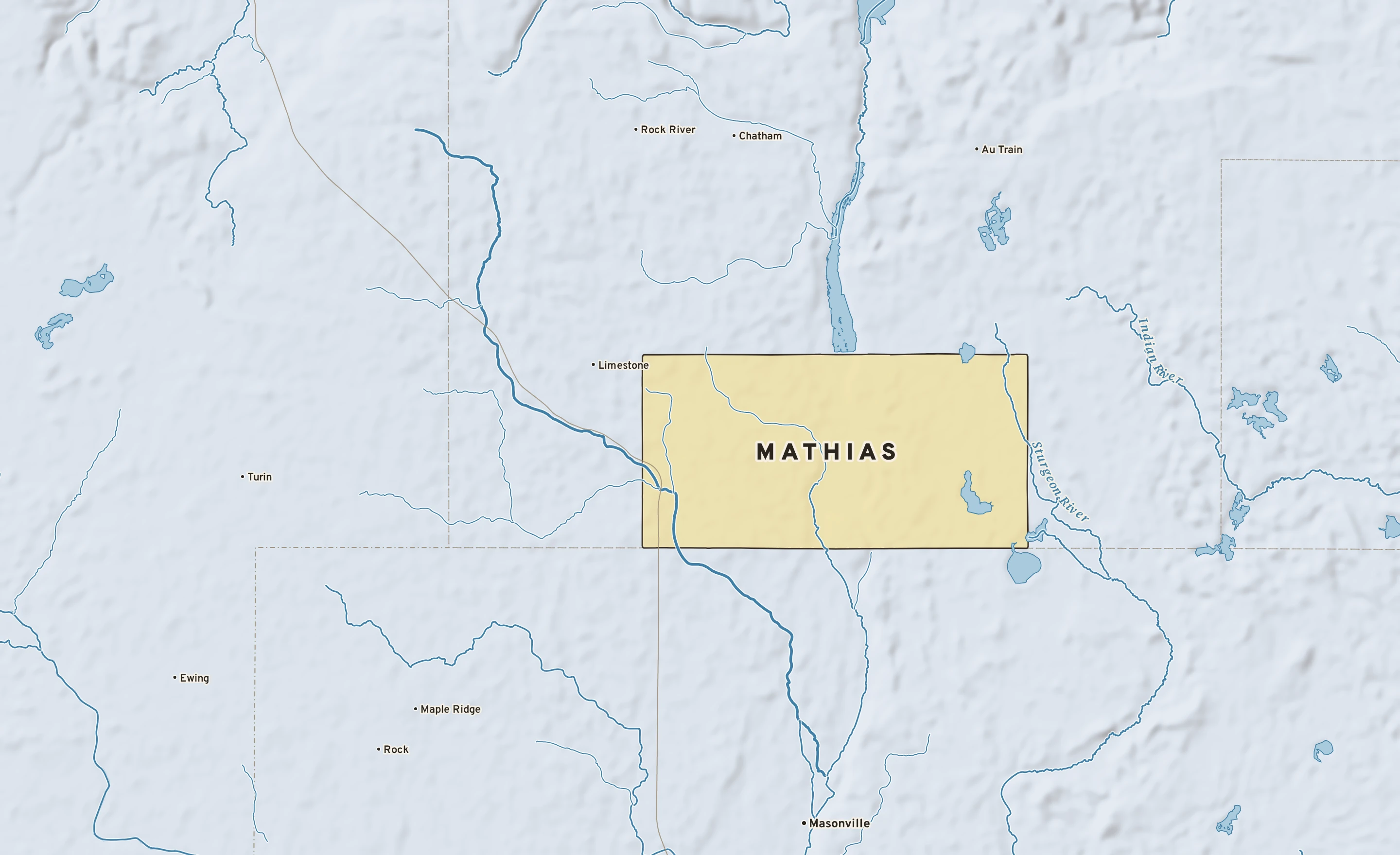 Shaded-relief atlas plate of Mathias, Michigan: rivers, roads, the city limits and where the water drains.