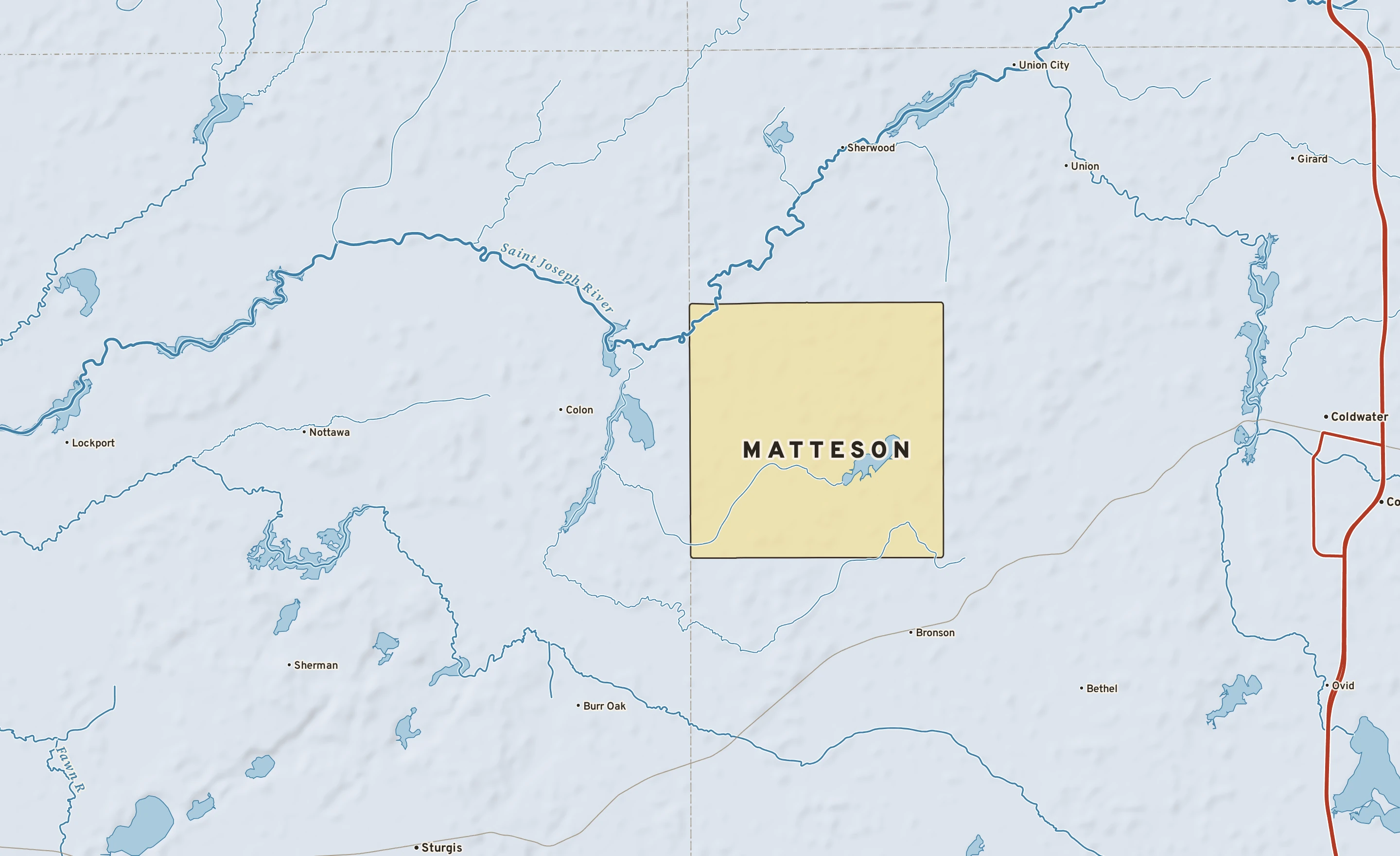 Shaded-relief atlas plate of Matteson, Michigan: rivers, roads, the city limits and where the water drains.