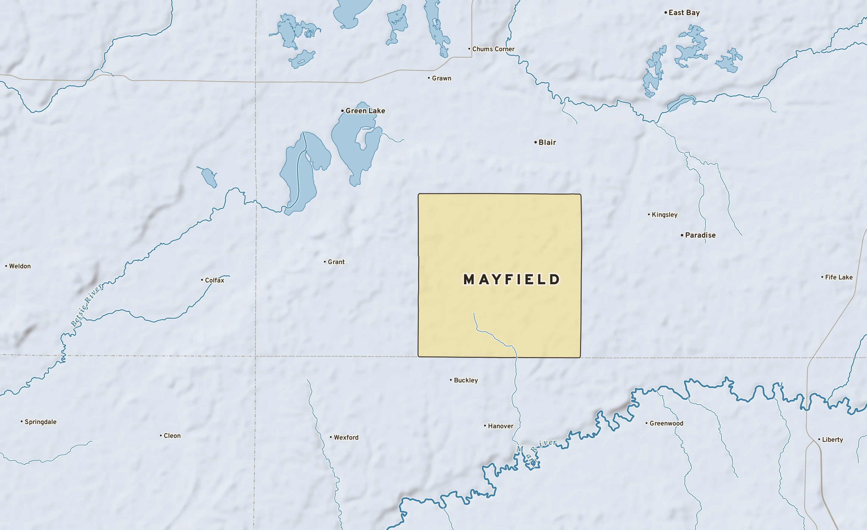 Shaded-relief atlas plate of Mayfield, Michigan: rivers, roads, the city limits and where the water drains.