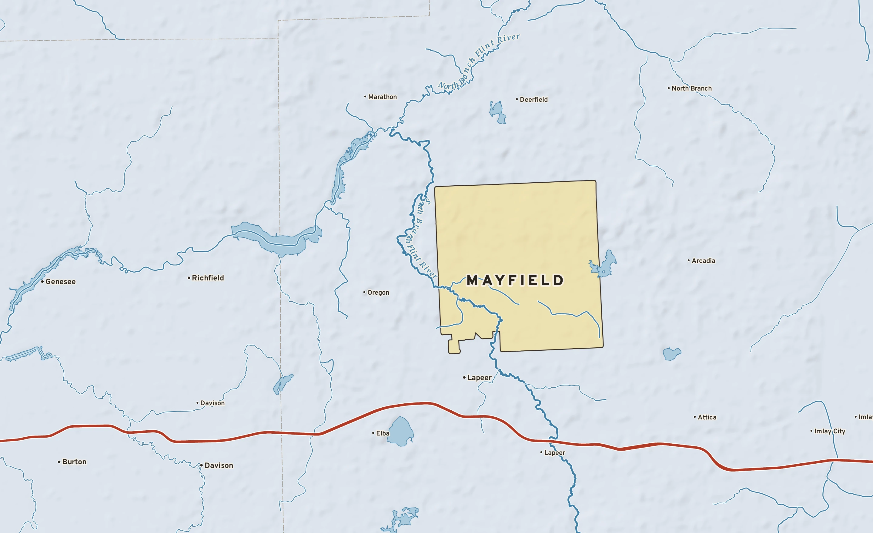 Shaded-relief atlas plate of Mayfield, Michigan: rivers, roads, the city limits and where the water drains.