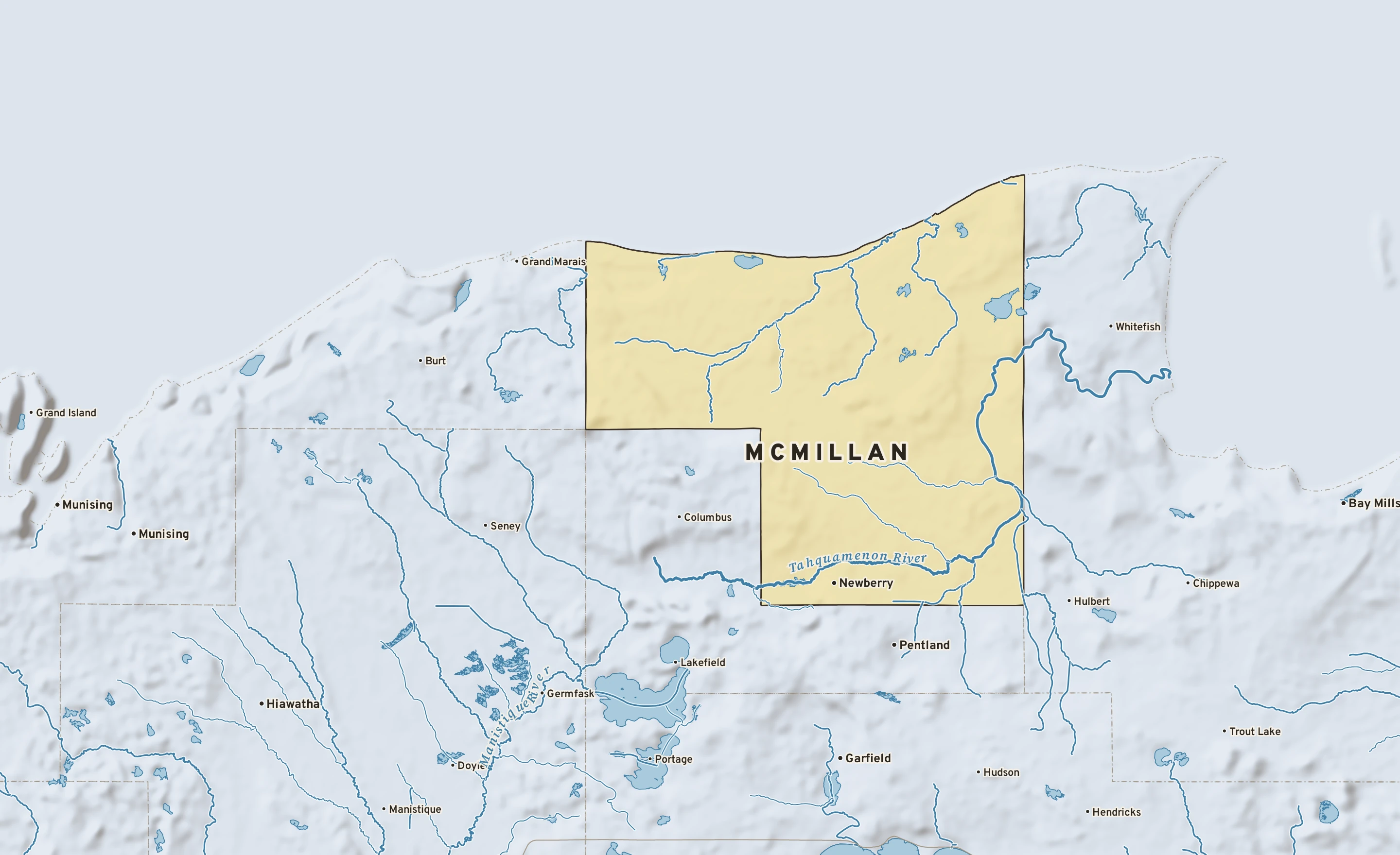 Shaded-relief atlas plate of McMillan, Michigan: rivers, roads, the city limits and where the water drains.